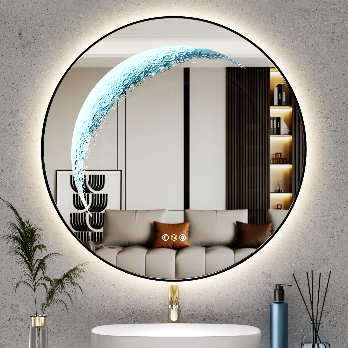 24'' Round Bathroom Mirror with Light, Black Circle Mirror with Backlit & Half Moon Light, Anti-Fog, Dimming Wall-Mounted LED Vanity Mirrors for Bathroom, Home Decor, Entryway