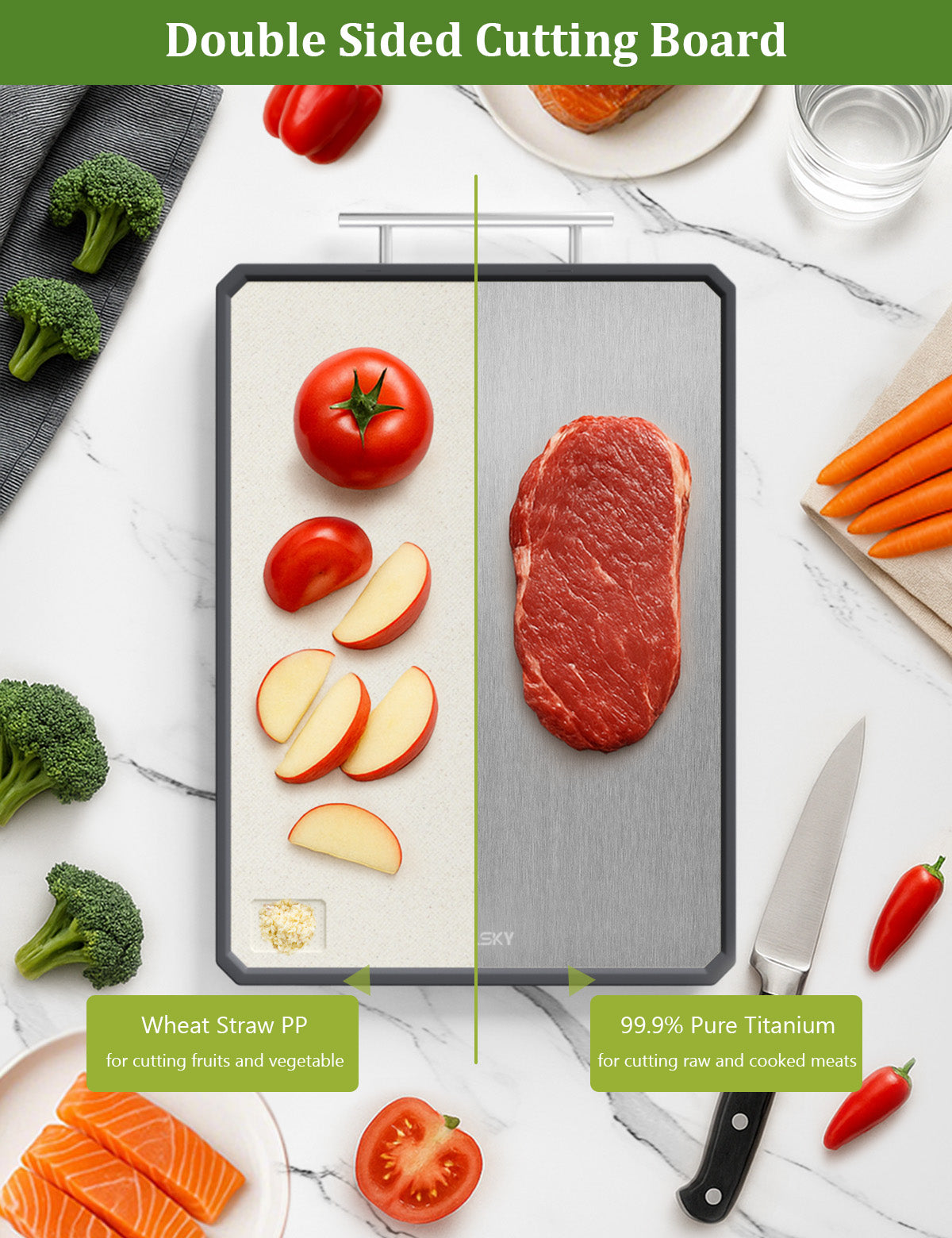 Callsky Titanium Cutting Boards for Kitchen, Double Sided Titanium Cutting Boards, Pure Titanium and Wheat Straw PP, Chopping Board for Cutting Meats Vegetables Fruits, Dishwasher safe, Large Size 16.3”×11”