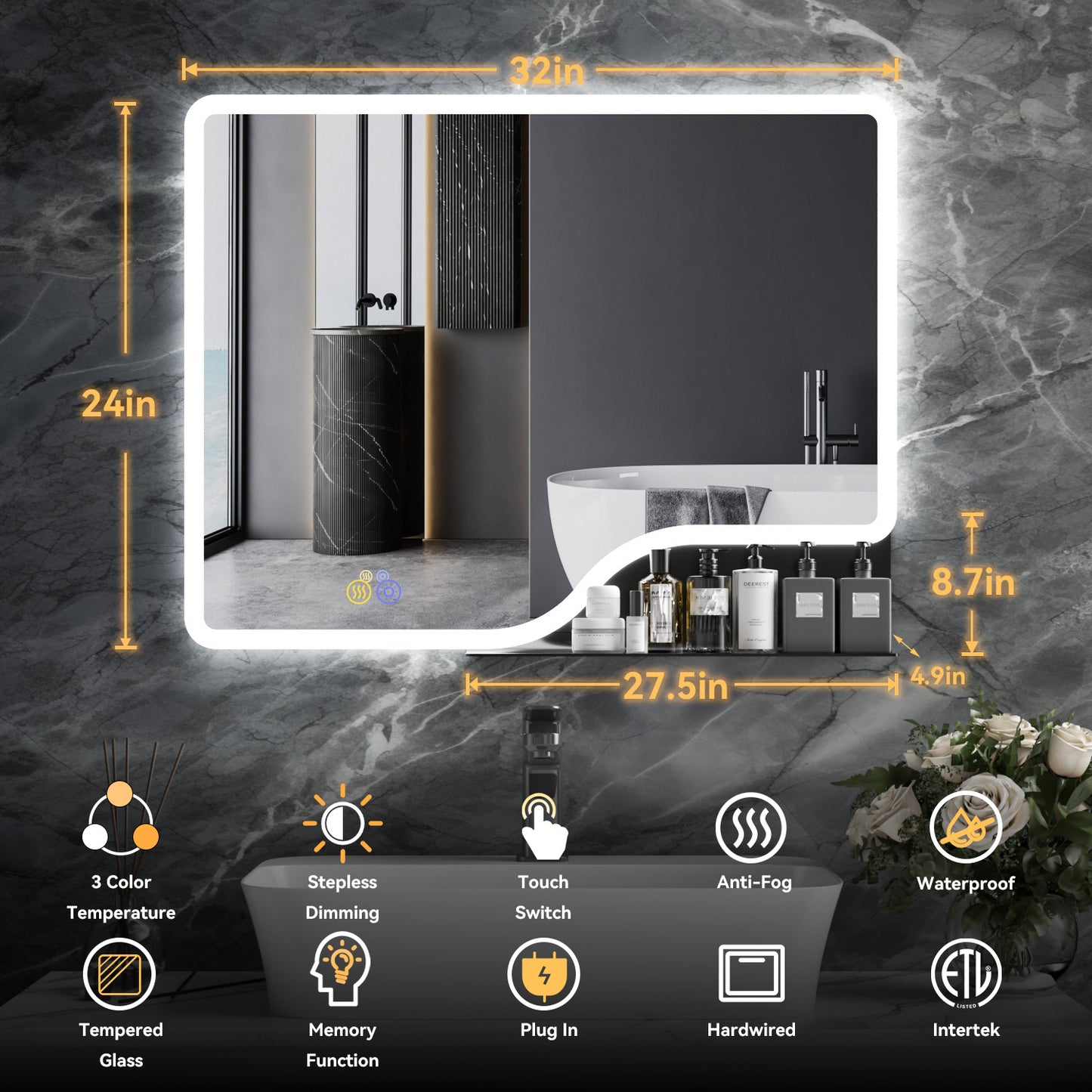 Callsky 32"x 24" LED Bathroom Mirror with Shelf, 3 Colors Backlit Vanity Mirror with Lights, Wall-Mounted Bathroom Mirror with Lights, Smart Mirror with Anti-Fog, Stepless Dimmable, Memory (UL, ETL)