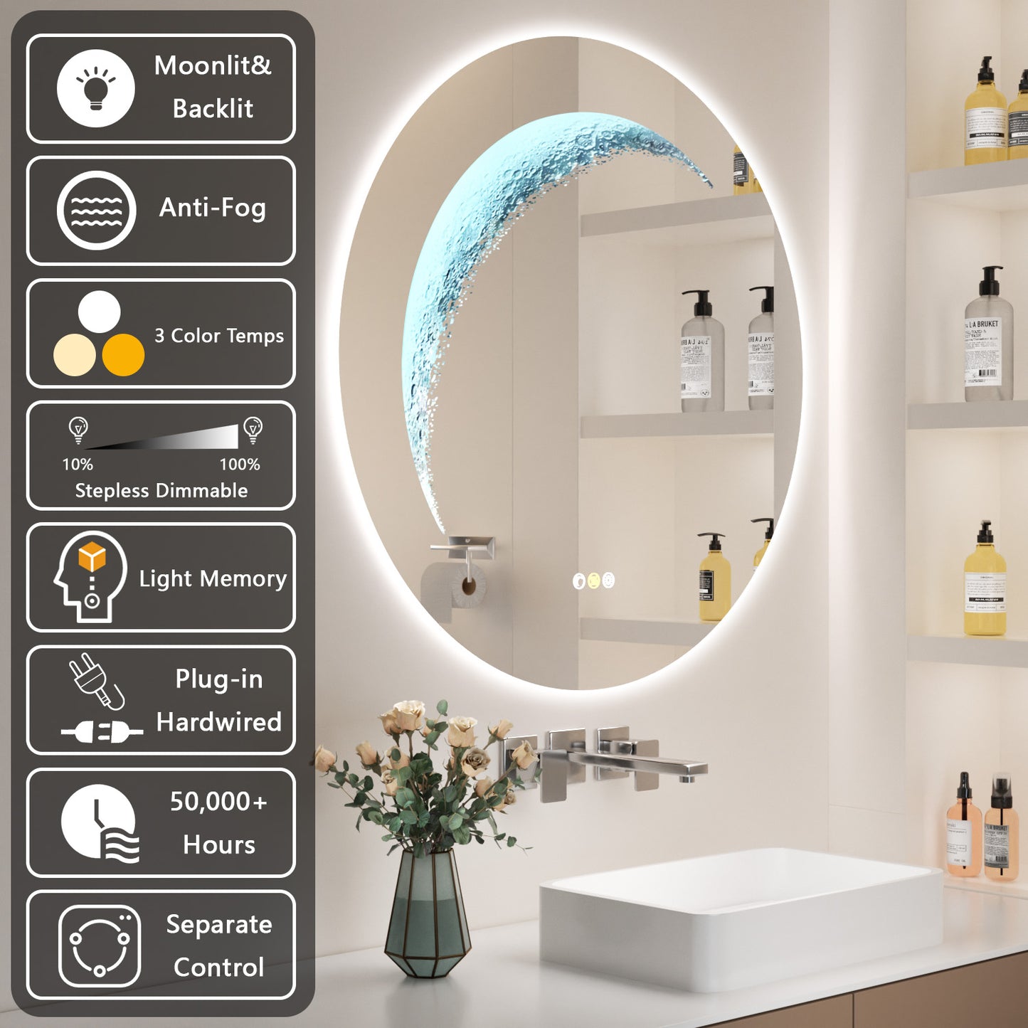 Callsky 30'' Round LED Bathroom Mirror, Circle Mirror with Backlit & Half Moon Light, Anti-Fog, Tempered Glass, Dimmable Wall-Mounted LED Vanity Mirrors for Bedroom, Wall Decor, Entryway, Living Room