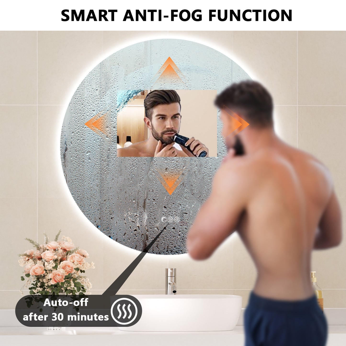 Callsky 24'' Round Mirror with Light, Circle Mirror with Backlit & Half Moon Light, Anti-Fog, Tempered Glass, Dimmable Wall-Mounted LED Vanity Mirrors for Bathroom, Home Decor, Entryway