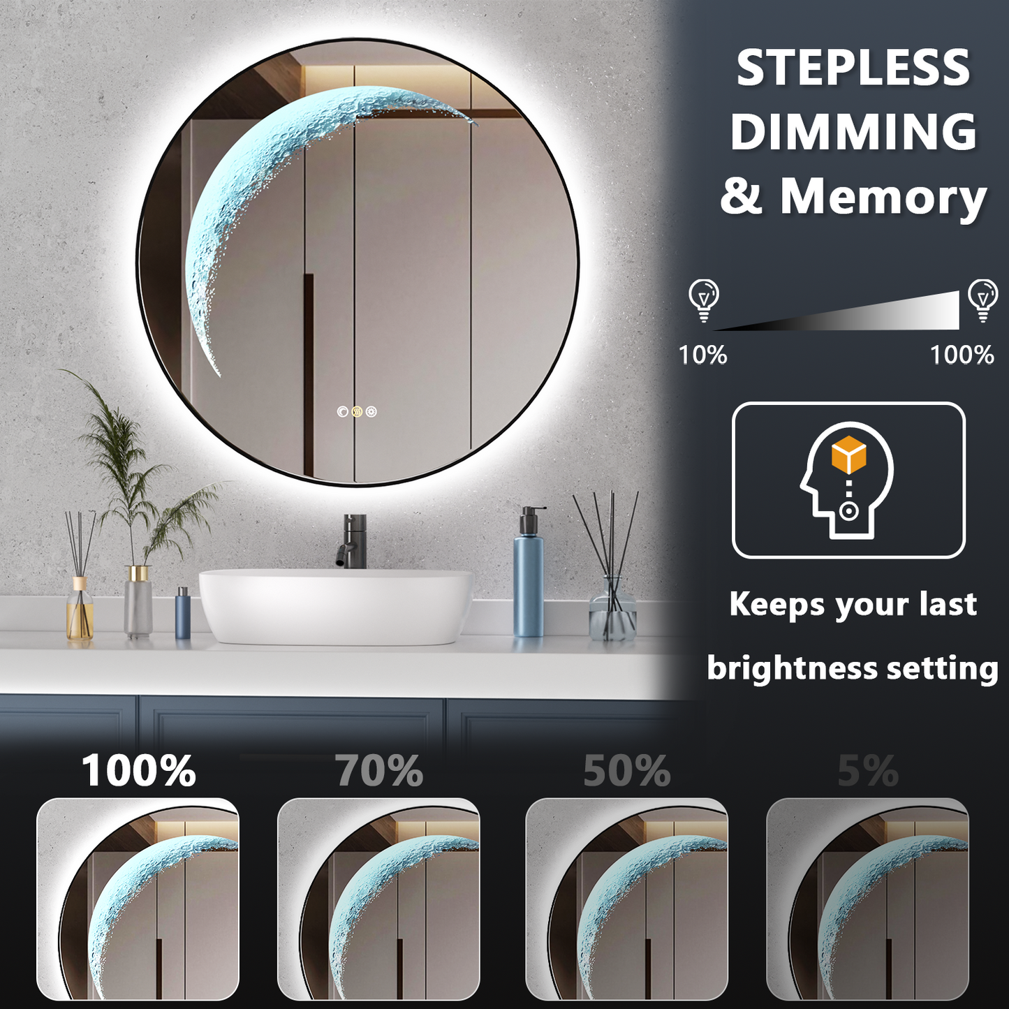 24'' Round Bathroom Mirror with Light, Black Circle Mirror with Backlit & Half Moon Light, Anti-Fog, Dimming Wall-Mounted LED Vanity Mirrors for Bathroom, Home Decor, Entryway