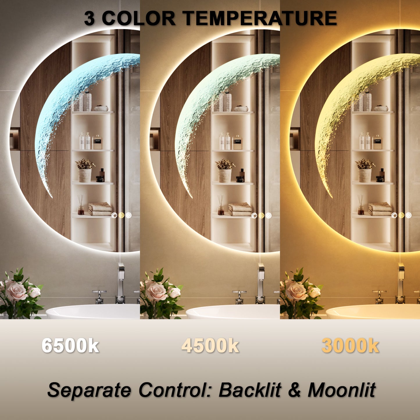 Callsky 30'' Round LED Bathroom Mirror, Circle Mirror with Backlit & Half Moon Light, Anti-Fog, Tempered Glass, Dimmable Wall-Mounted LED Vanity Mirrors for Bedroom, Wall Decor, Entryway, Living Room