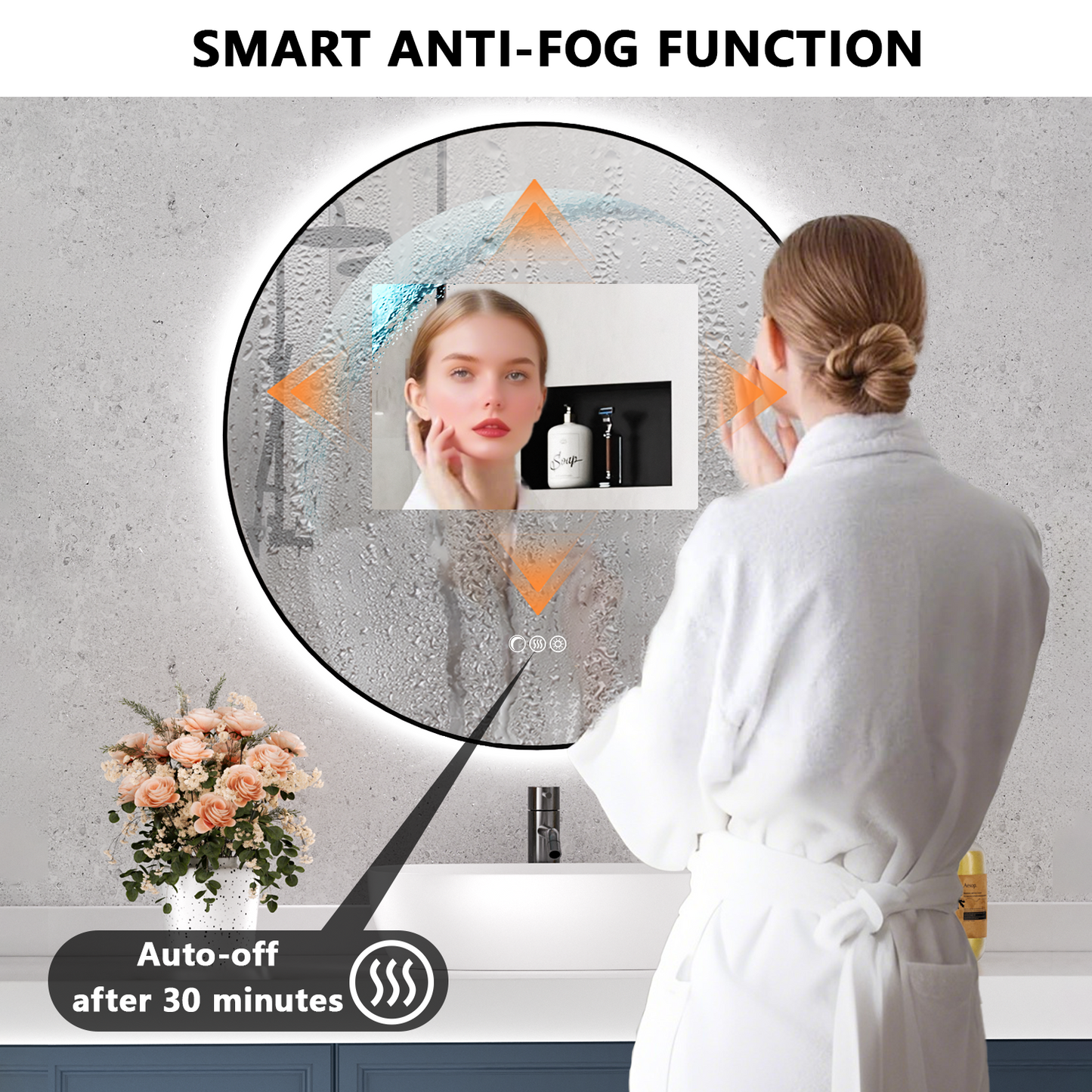 24'' Round Bathroom Mirror with Light, Black Circle Mirror with Backlit & Half Moon Light, Anti-Fog, Dimming Wall-Mounted LED Vanity Mirrors for Bathroom, Home Decor, Entryway