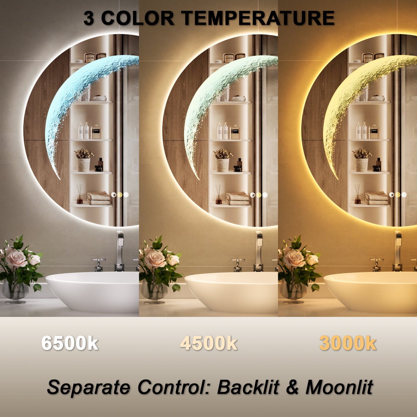 Callsky 24'' Round Mirror with Light, Circle Mirror with Backlit & Half Moon Light, Anti-Fog, Tempered Glass, Dimmable Wall-Mounted LED Vanity Mirrors for Bathroom, Home Decor, Entryway