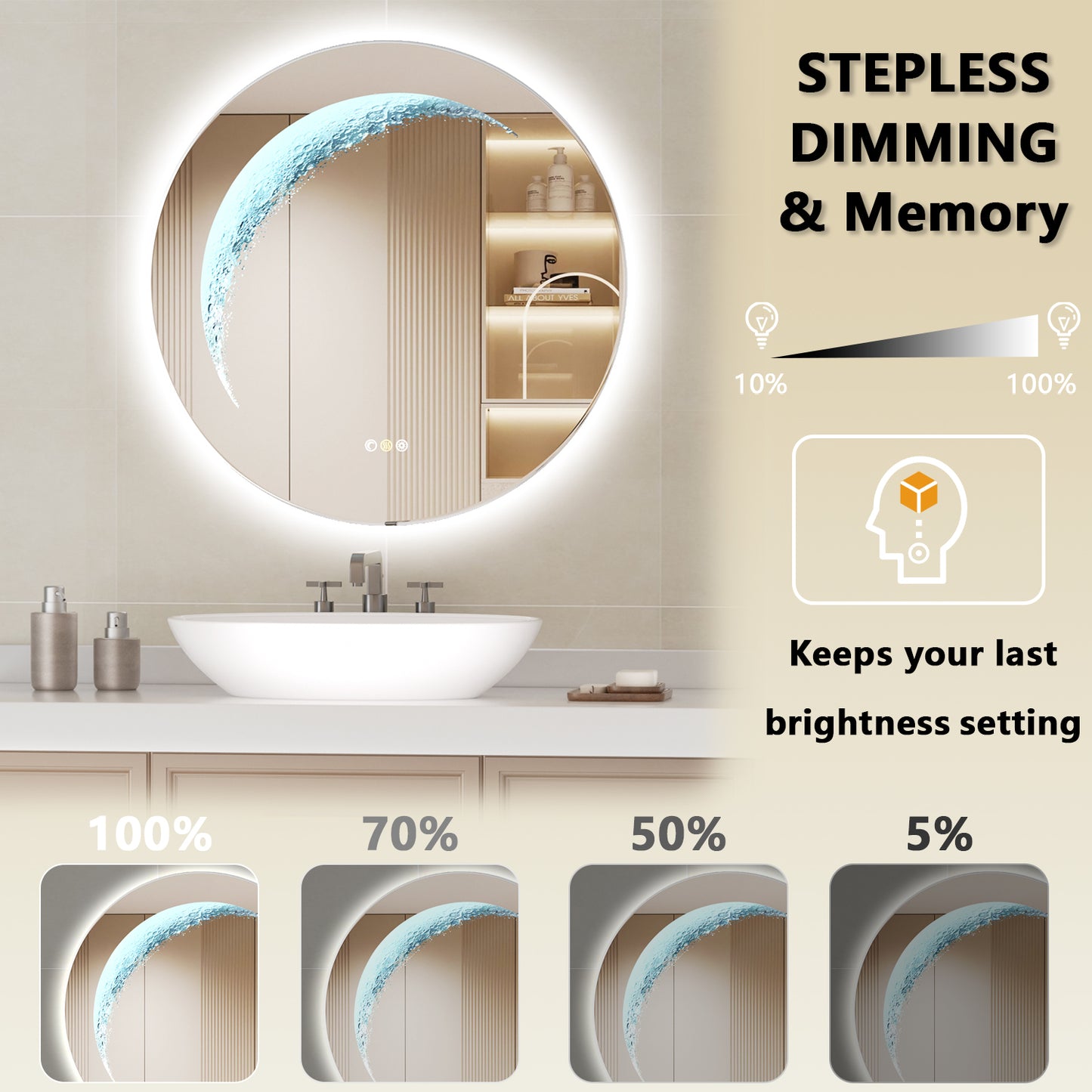 Callsky 24'' Round Mirror with Light, Circle Mirror with Backlit & Half Moon Light, Anti-Fog, Tempered Glass, Dimmable Wall-Mounted LED Vanity Mirrors for Bathroom, Home Decor, Entryway