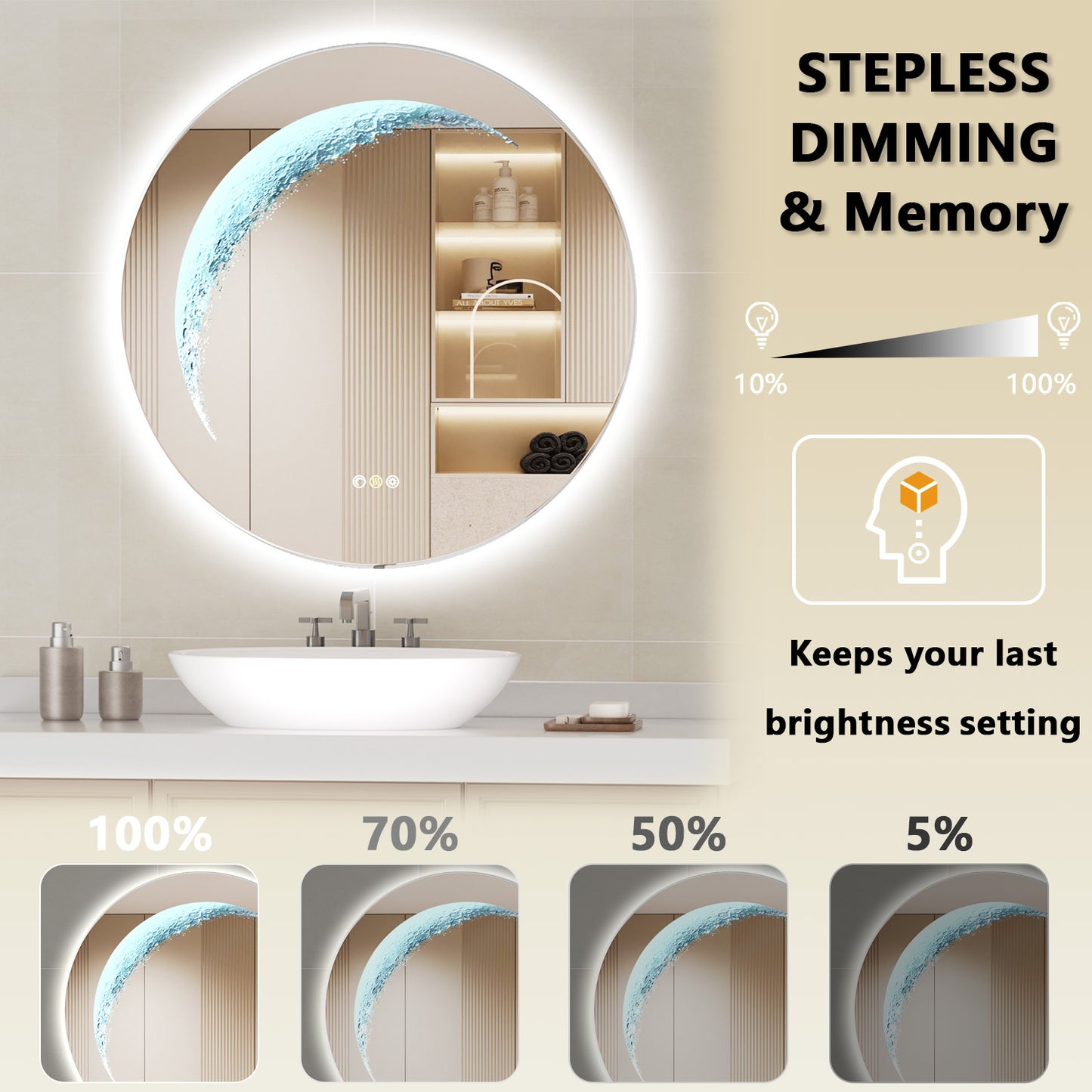 Callsky 30'' Round LED Bathroom Mirror, Circle Mirror with Backlit & Half Moon Light, Anti-Fog, Tempered Glass, Dimmable Wall-Mounted LED Vanity Mirrors for Bedroom, Wall Decor, Entryway, Living Room