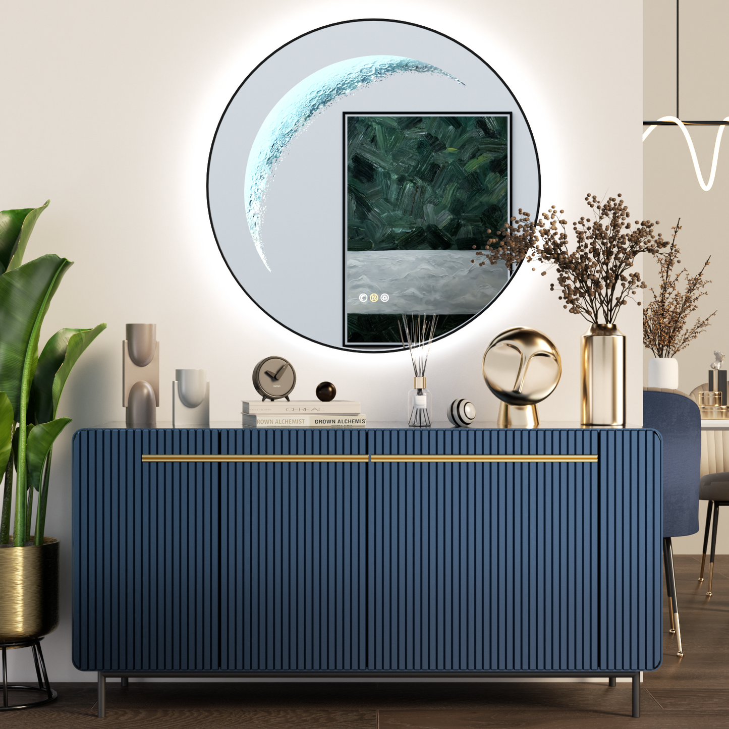 24'' Round Bathroom Mirror with Light, Black Circle Mirror with Backlit & Half Moon Light, Anti-Fog, Dimming Wall-Mounted LED Vanity Mirrors for Bathroom, Home Decor, Entryway