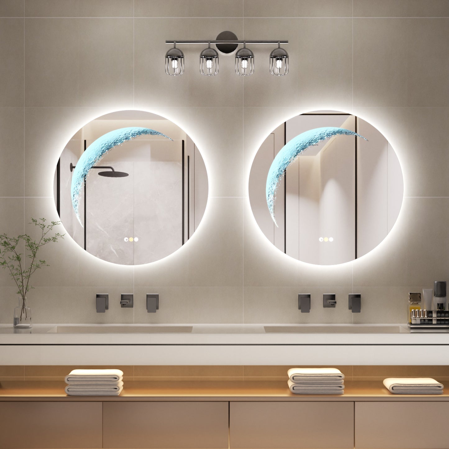 Callsky 24'' Round Mirror with Light, Circle Mirror with Backlit & Half Moon Light, Anti-Fog, Tempered Glass, Dimmable Wall-Mounted LED Vanity Mirrors for Bathroom, Home Decor, Entryway