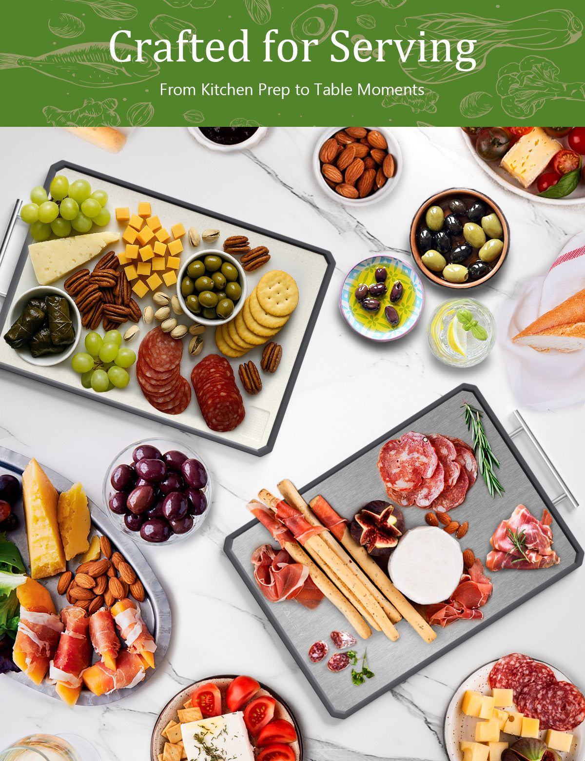 Callsky Titanium Cutting Boards for Kitchen, Double Sided Titanium Cutting Boards, Pure Titanium and Wheat Straw PP, Chopping Board for Cutting Meats Vegetables Fruits, Dishwasher safe, Large Size 16.3”×11”