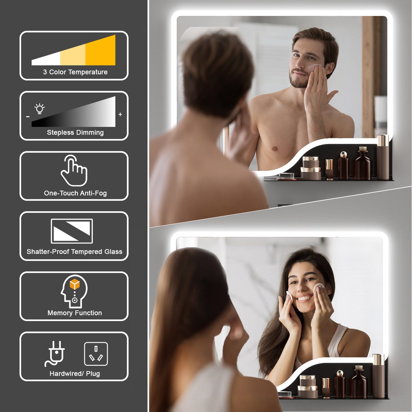 Callsky 32"x 24" LED Bathroom Mirror with Shelf, 3 Colors Backlit Vanity Mirror with Lights, Wall-Mounted Bathroom Mirror with Lights, Smart Mirror with Anti-Fog, Stepless Dimmable, Memory (UL, ETL)