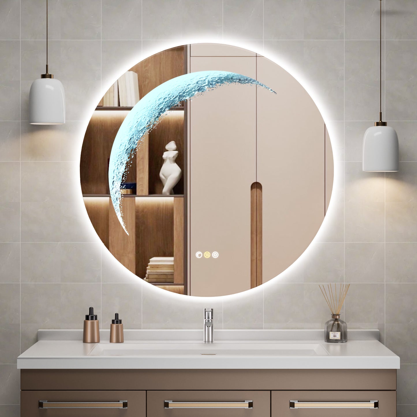 Callsky 30'' Round LED Bathroom Mirror, Circle Mirror with Backlit & Half Moon Light, Anti-Fog, Tempered Glass, Dimmable Wall-Mounted LED Vanity Mirrors for Bedroom, Wall Decor, Entryway, Living Room
