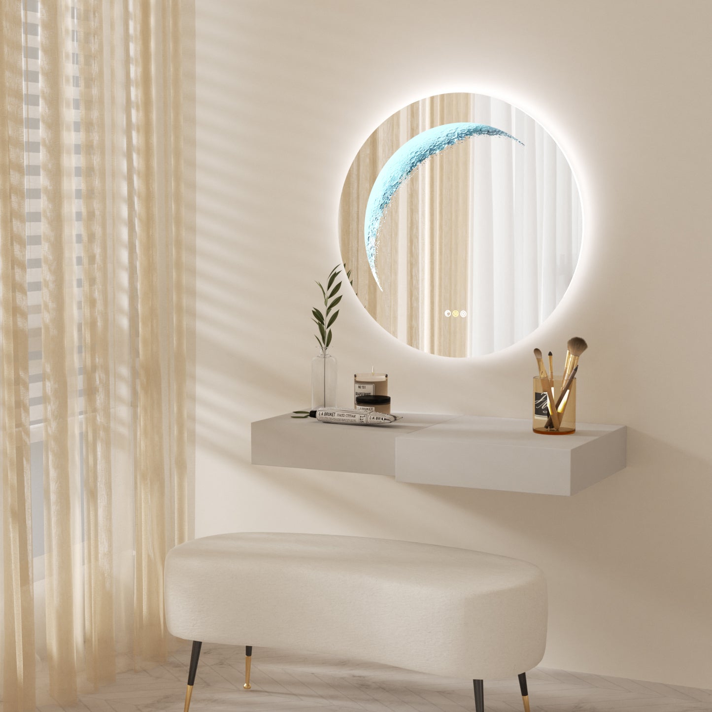 Callsky 24'' Round Mirror with Light, Circle Mirror with Backlit & Half Moon Light, Anti-Fog, Tempered Glass, Dimmable Wall-Mounted LED Vanity Mirrors for Bathroom, Home Decor, Entryway