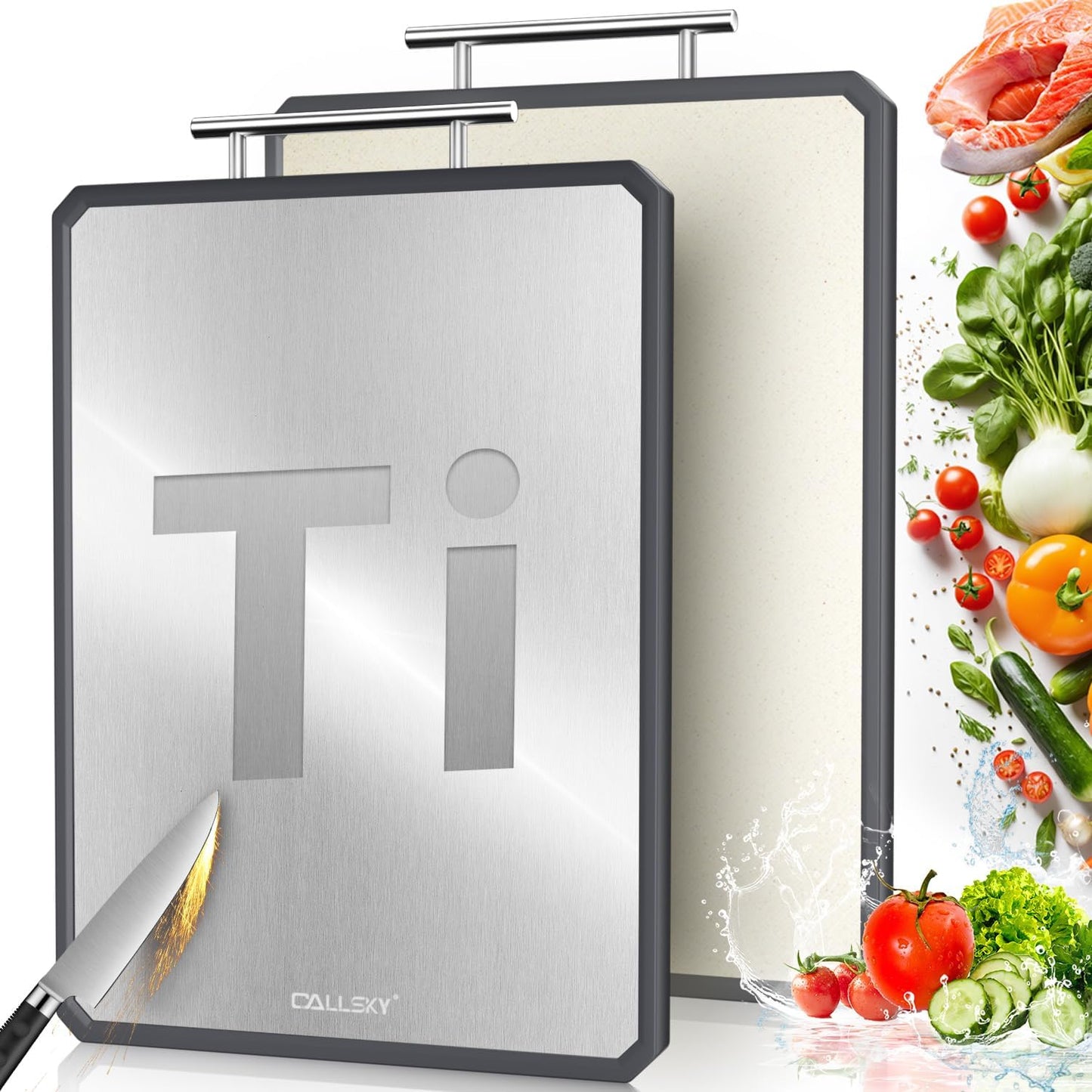 Callsky Titanium Cutting Boards for Kitchen, Double Sided Titanium Cutting Boards, Pure Titanium and Wheat Straw PP, Chopping Board for Cutting Meats Vegetables Fruits, Dishwasher safe, Large Size 16.3”×11”