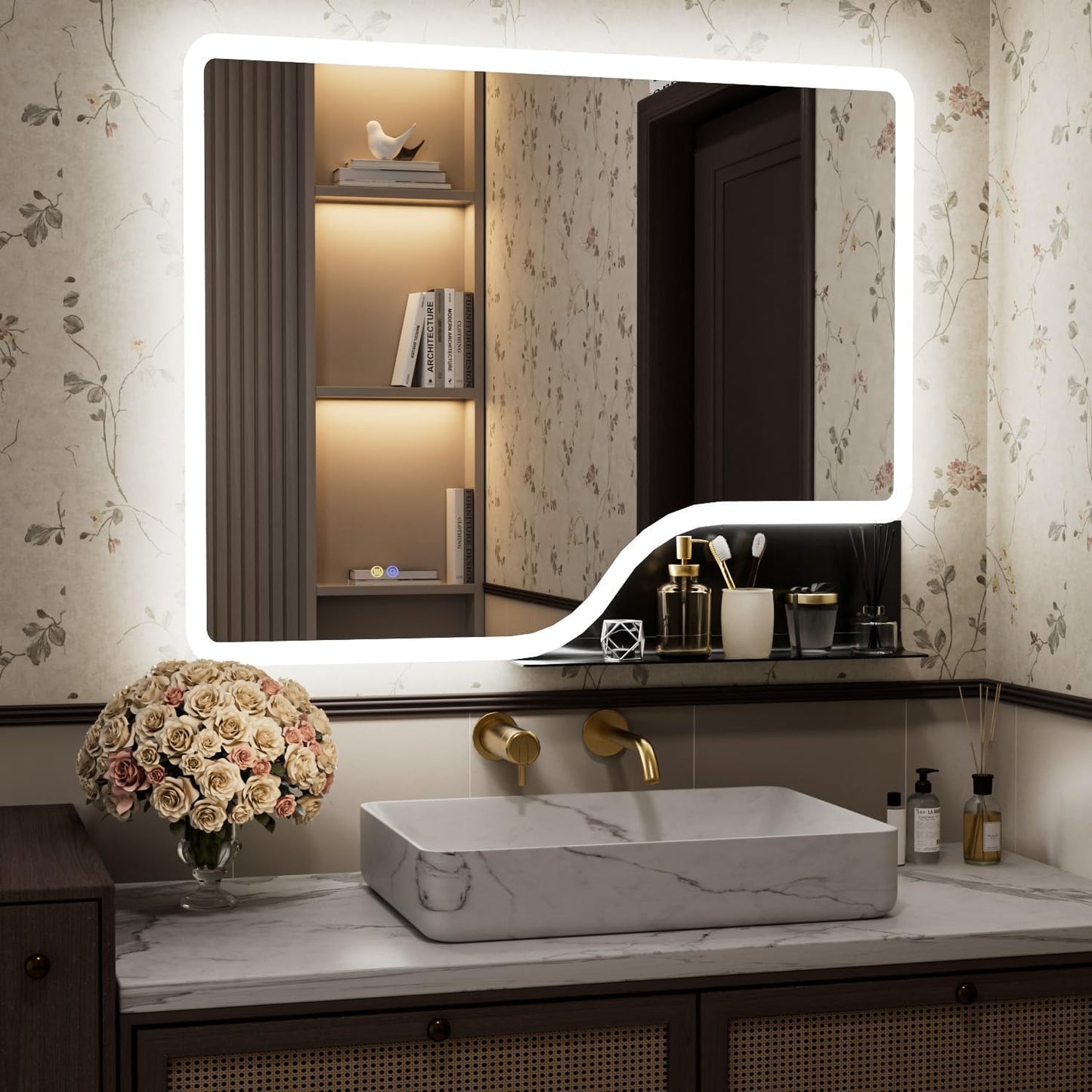 Callsky 40"x 32" LED Bathroom Mirror with Shelf, Wall-Mounted Backlit Vanity Mirror with Lights, Smart Bathroom Mirror with 3 Colors, Anti-Fog, Stepless Dimmable, Memory (UL, ETL)