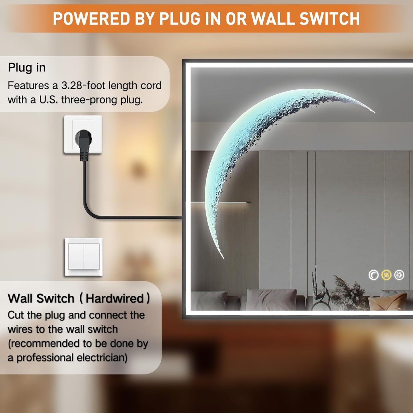 Callsky LED Bathroom Mirror with Lights, 32"X32" Crescent Anti-Fog LED Mirror for Wall, Stepless Dimmable 3Color Moon & Front Lighted Vanity Mirror, Shatterproof Smart Makeup Mirror with Auto-Memory UL ETL