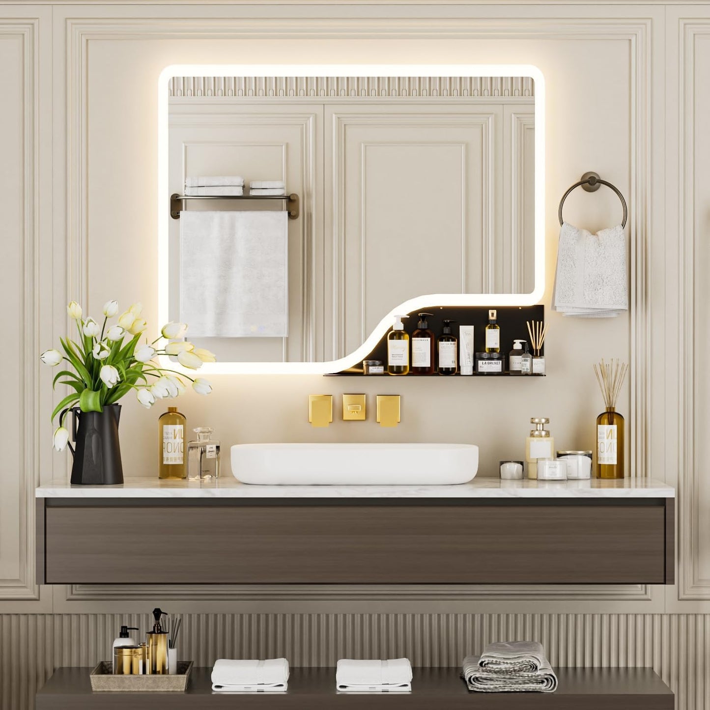 Callsky 40"x 32" LED Bathroom Mirror with Shelf, Wall-Mounted Backlit Vanity Mirror with Lights, Smart Bathroom Mirror with 3 Colors, Anti-Fog, Stepless Dimmable, Memory (UL, ETL)