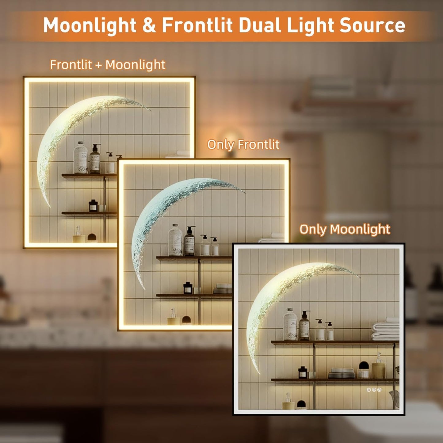Callsky LED Bathroom Mirror with Lights, 32"X32" Crescent Anti-Fog LED Mirror for Wall, Stepless Dimmable 3Color Moon & Front Lighted Vanity Mirror, Shatterproof Smart Makeup Mirror with Auto-Memory UL ETL