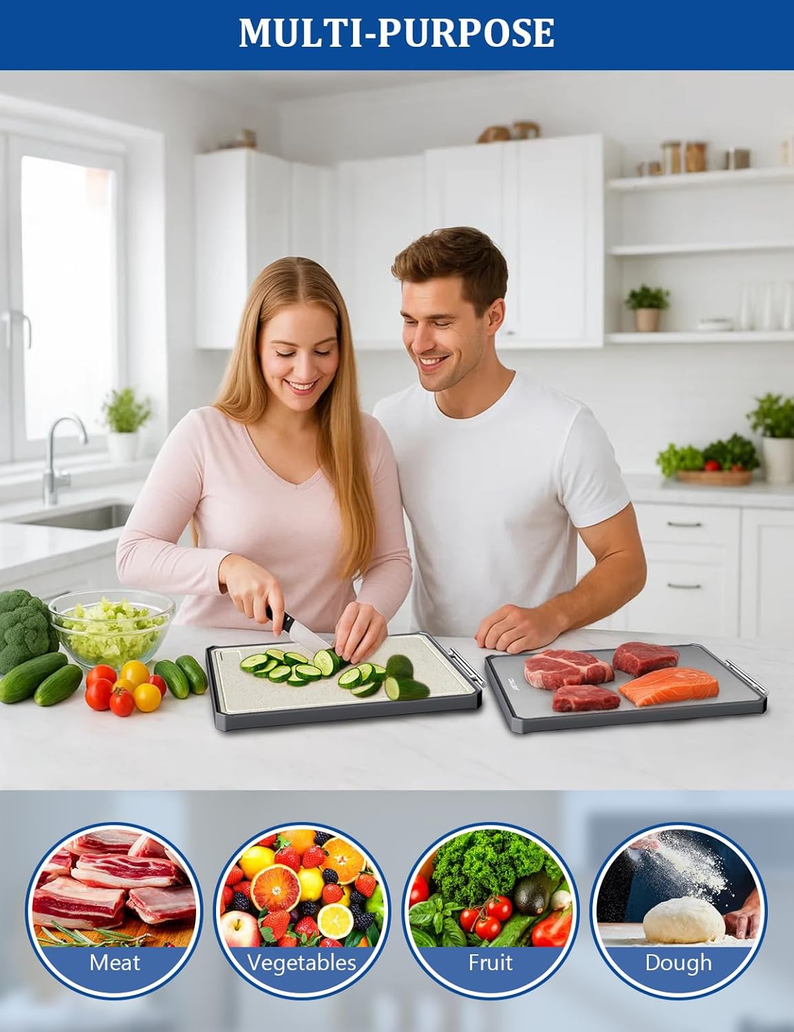 Titanium Cutting Board, Dual Sided Non-Toxic Cutting Boards, Food-Grade Metal and Plastic Chopping Board with Juice Groove for Kitchen Meat/Vegetables, Pure Titanium & Wheat Straw PP 16.3x11 in