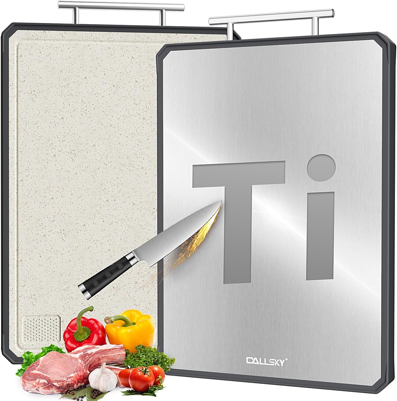 Titanium Cutting Board, Dual Sided Non-Toxic Cutting Boards, Food-Grade Metal and Plastic Chopping Board with Juice Groove for Kitchen Meat/Vegetables, Pure Titanium & Wheat Straw PP 16.3x11 in
