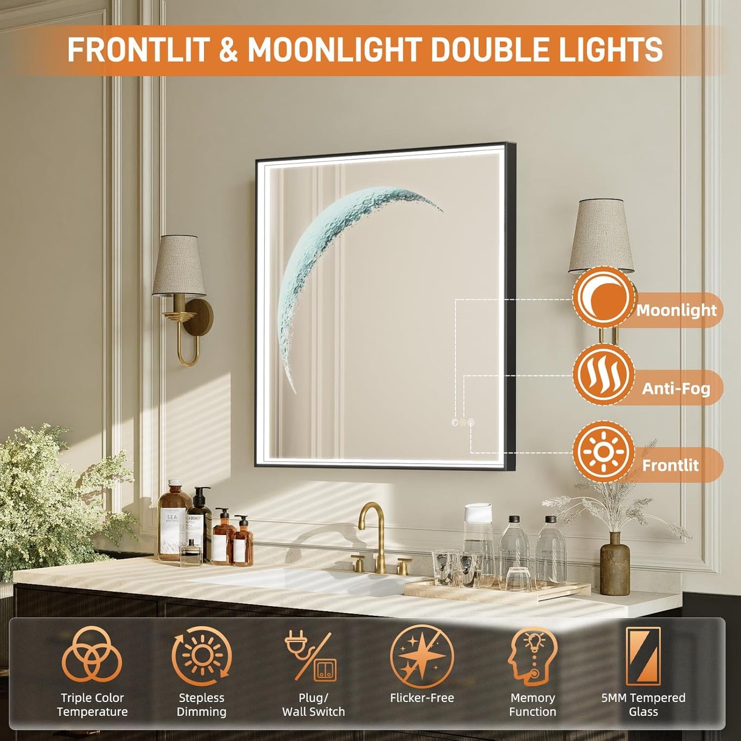 Callsky LED Bathroom Mirror with Lights, 32"X32" Crescent Anti-Fog LED Mirror for Wall, Stepless Dimmable 3Color Moon & Front Lighted Vanity Mirror, Shatterproof Smart Makeup Mirror with Auto-Memory UL ETL