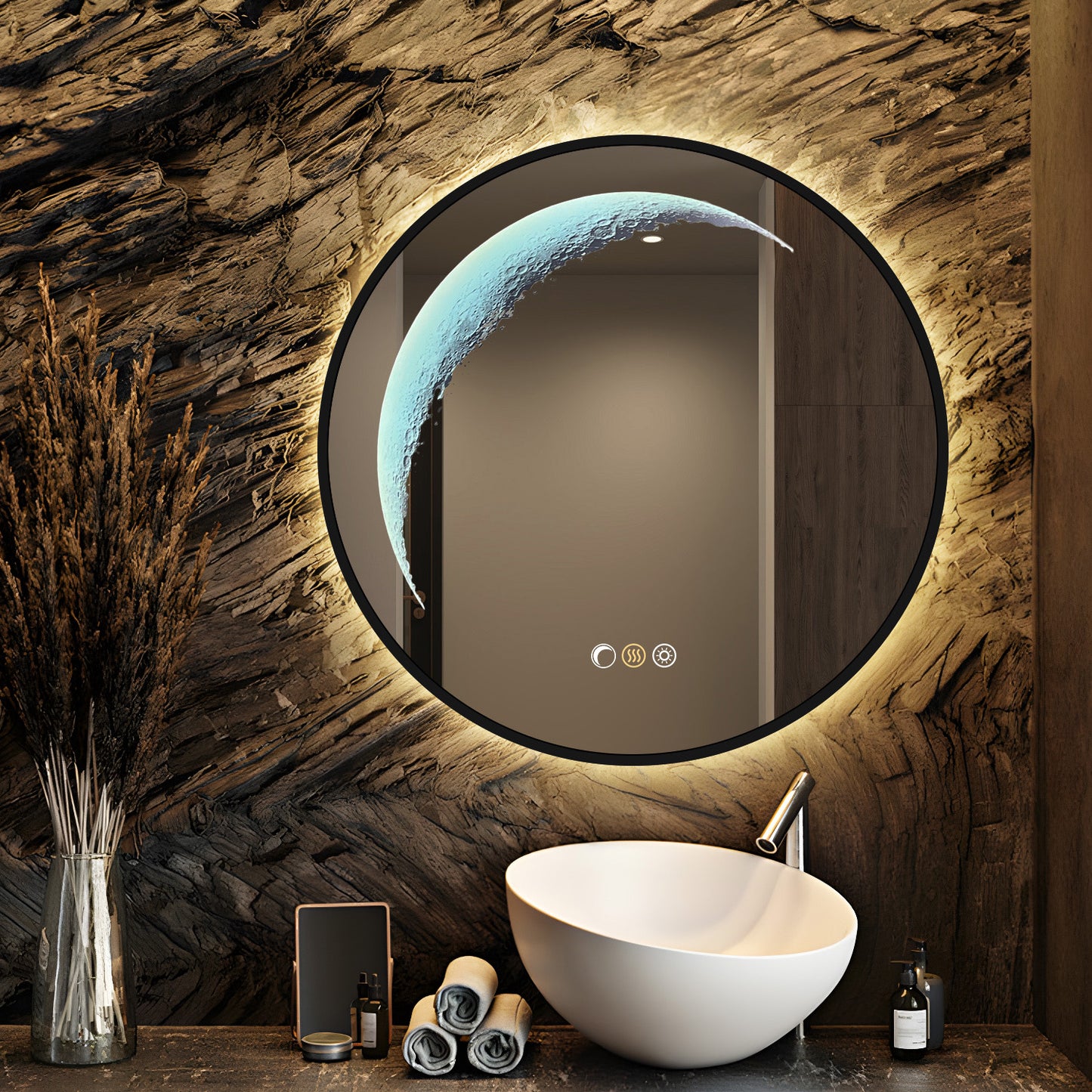 24'' Round Bathroom Mirror with Light, Black Circle Mirror with Backlit & Half Moon Light, Anti-Fog, Dimming Wall-Mounted LED Vanity Mirrors for Bathroom, Home Decor, Entryway