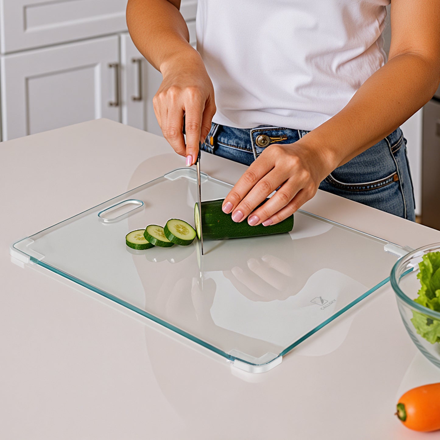 Callsky Glass Cutting Board,16"x12" Non Toxic Tempered Glass Cutting Board for Kitchen with Non-Slip Feet, Dishwasher Safe, Large Chopping Board for Kitchen, House Warming Gift - Transparent