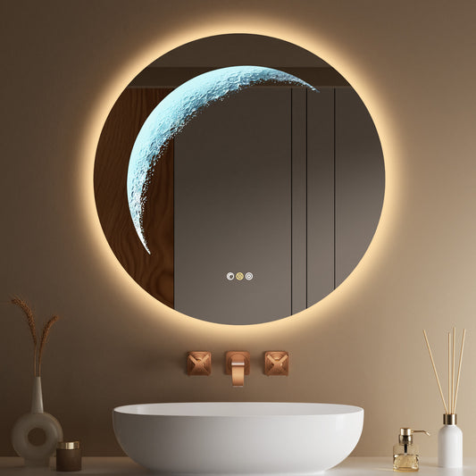 Callsky 24'' Round Mirror with Light, Circle Mirror with Backlit & Half Moon Light, Anti-Fog, Tempered Glass, Dimmable Wall-Mounted LED Vanity Mirrors for Bathroom, Home Decor, Entryway