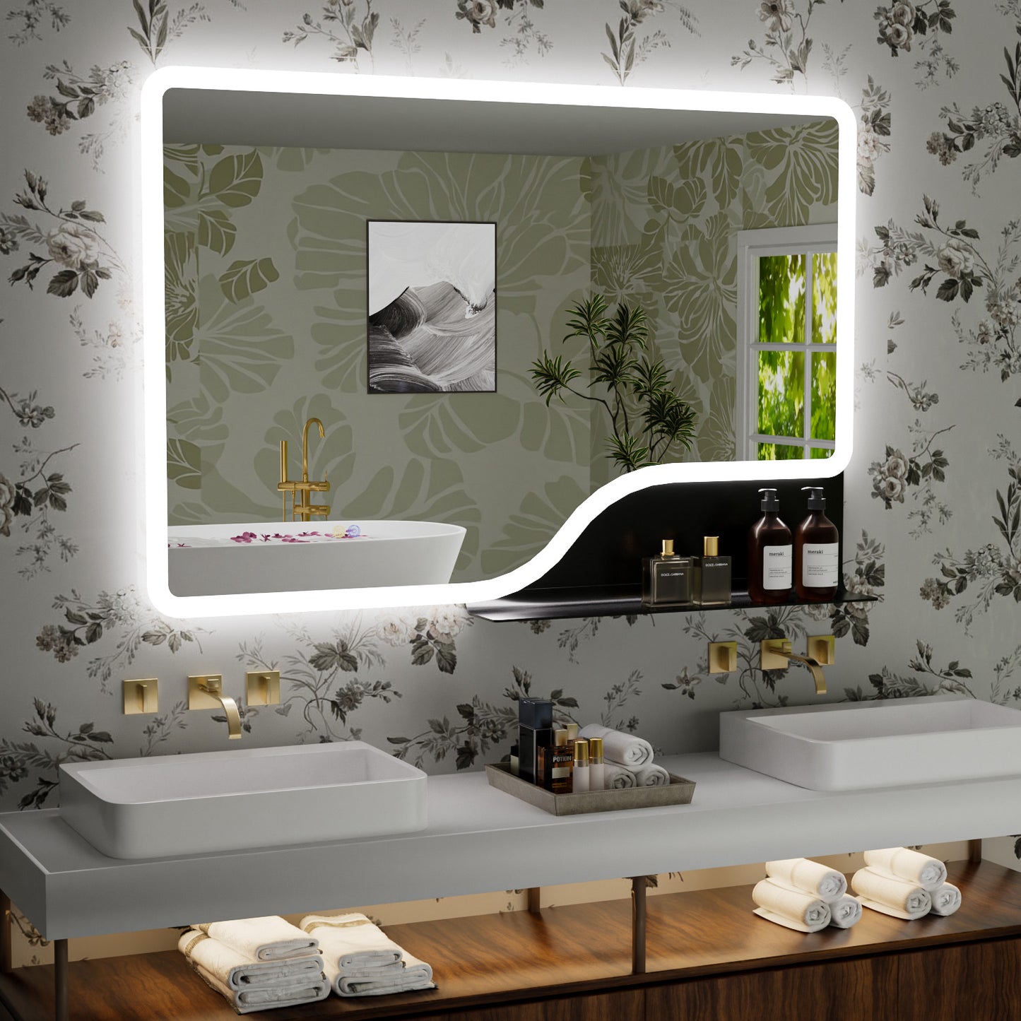 Callsky LED Bathroom Mirror with Shelf, 32"x 48" Vanity Mirror with Backlit, Wall Mounted LED Vanity Mirror with Lights, 3 Colors Smart Mirror with Anti-Fog, Stepless Dimmable, Memory (UL, ETL Listed)