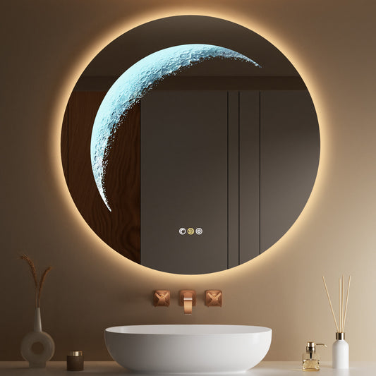 Callsky 30'' Round LED Bathroom Mirror, Circle Mirror with Backlit & Half Moon Light, Anti-Fog, Tempered Glass, Dimmable Wall-Mounted LED Vanity Mirrors for Bedroom, Wall Decor, Entryway, Living Room