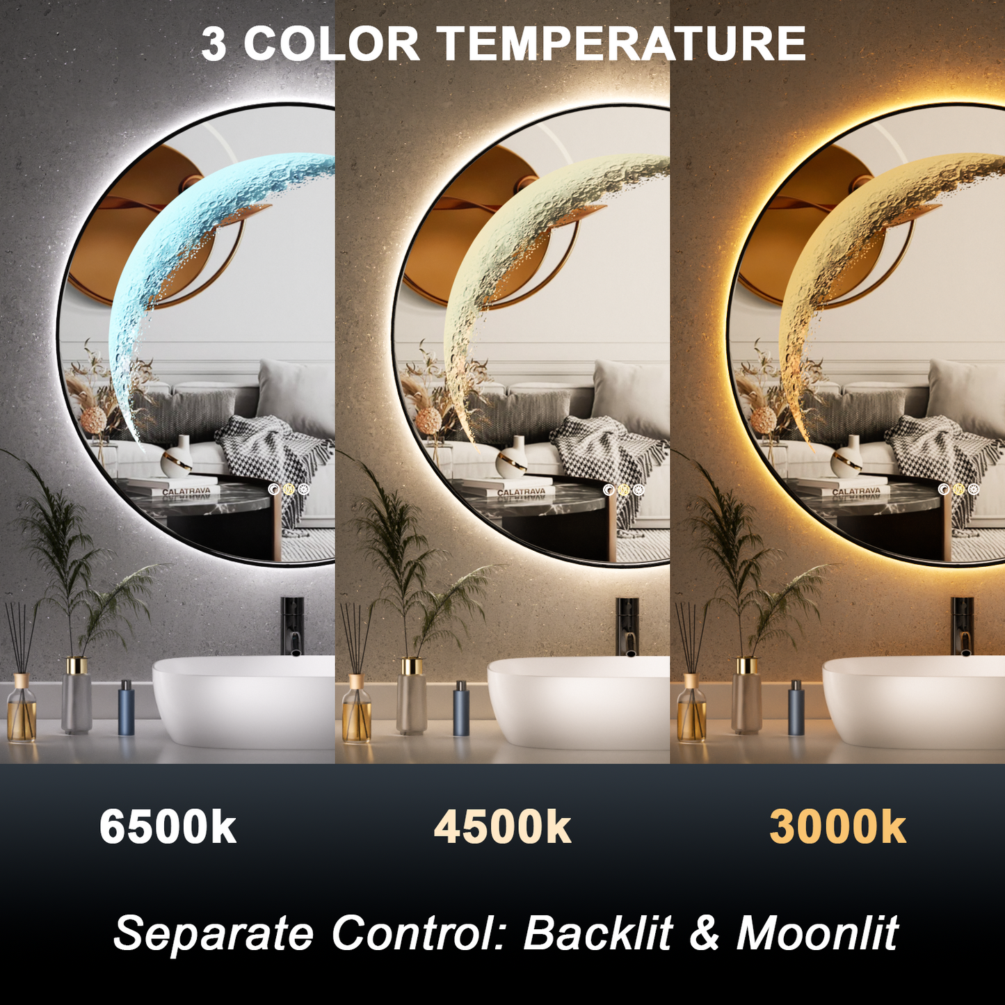Callsky 30" Moonlight LED Bathroom Mirror with Lights Backlit, Anti-Fog Round Smart Lighted Mirror with 3Color Stepless Dimmable with Shatterproof AUTO-Memory, for Bathroom, Vanity, Wall, Makeup (UL ETL