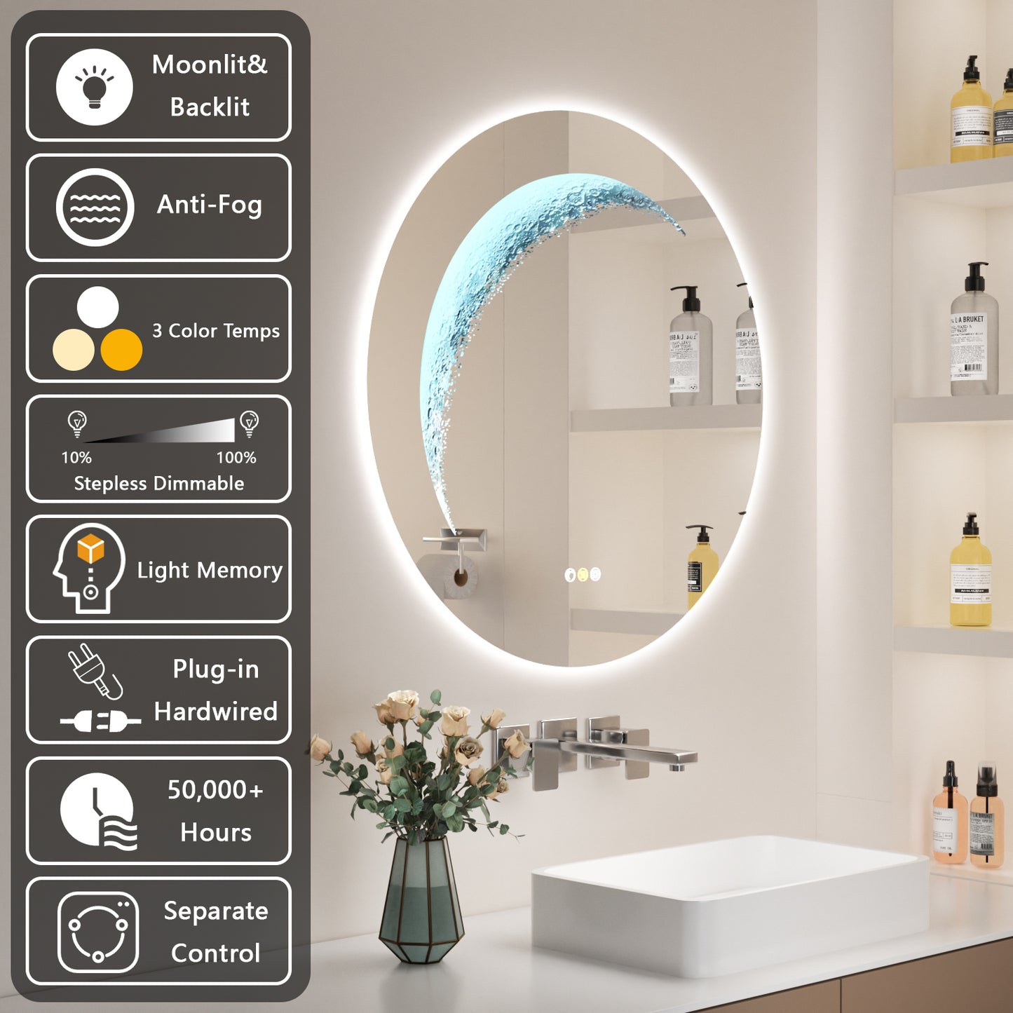 Callsky 24'' Round Mirror with Light, Circle Mirror with Backlit & Half Moon Light, Anti-Fog, Tempered Glass, Dimmable Wall-Mounted LED Vanity Mirrors for Bathroom, Home Decor, Entryway