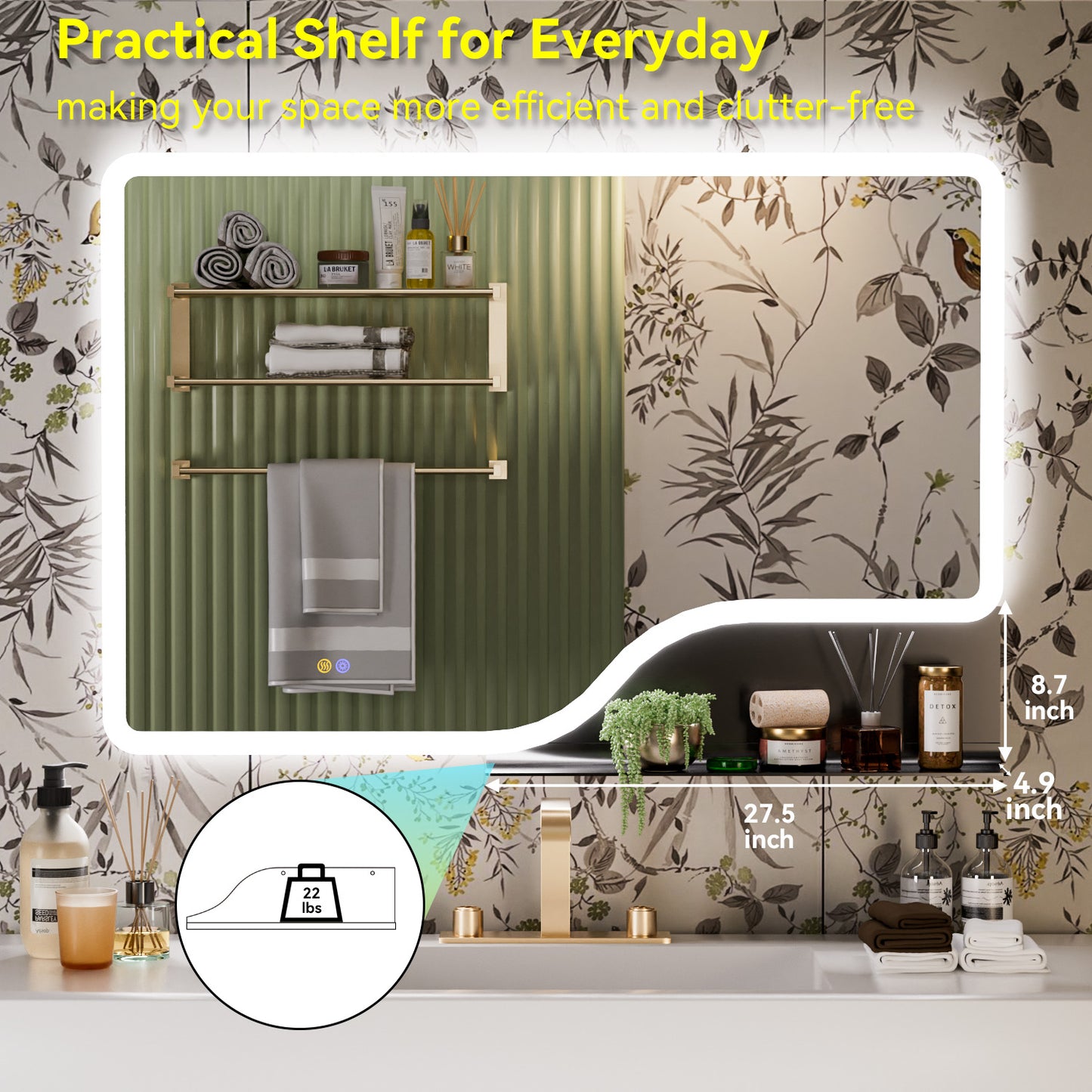 Callsky LED Bathroom Mirror with Shelf, 32"x 48" Vanity Mirror with Backlit, Wall Mounted LED Vanity Mirror with Lights, 3 Colors Smart Mirror with Anti-Fog, Stepless Dimmable, Memory (UL, ETL Listed)