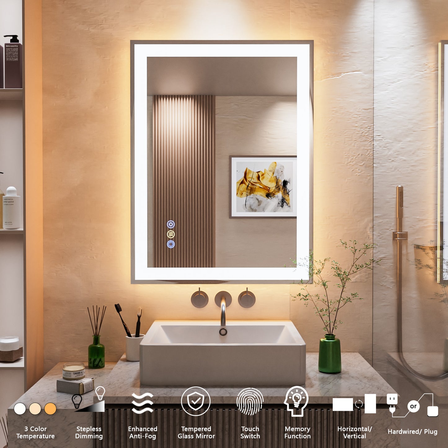 Callsky 24"x32" LED Bathroom Mirror, 3 Colors Lighted Bathroom Vanity Mirror, Backlit + Front Lit, Anti-Fog, Stepless Dimmable Wall Mirrors, Memory Function, Tempered Glass, Shatter-Proof