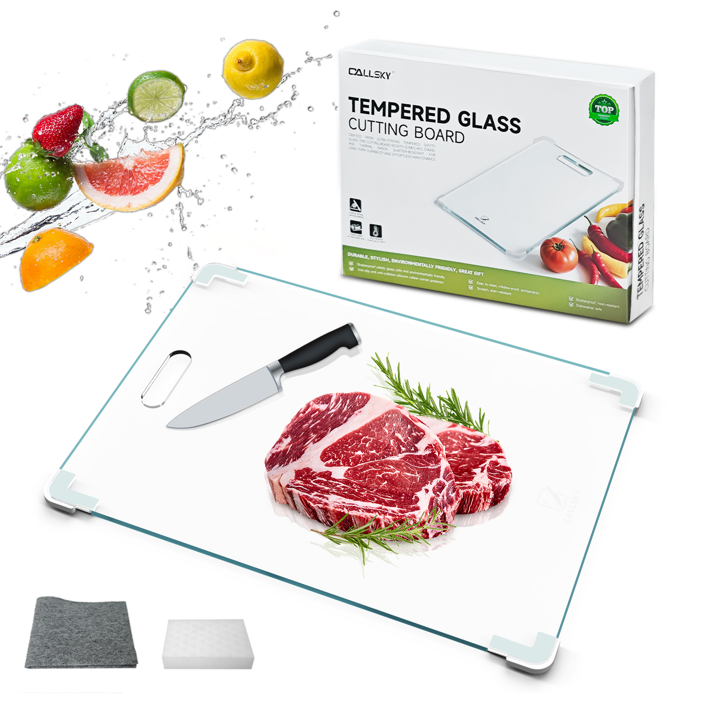 Callsky Glass Cutting Board,16"x12" Non Toxic Tempered Glass Cutting Board for Kitchen with Non-Slip Feet, Dishwasher Safe, Large Chopping Board for Kitchen, House Warming Gift - Transparent