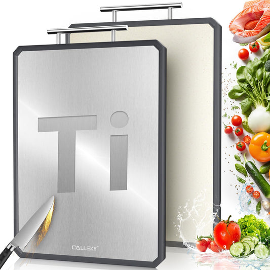 Callsky Titanium Cutting Boards for Kitchen, Double Sided Titanium Cutting Boards, Pure Titanium and Wheat Straw PP, Chopping Board for Cutting Meats Vegetables Fruits, Dishwasher safe, Large Size 16.3”×11”