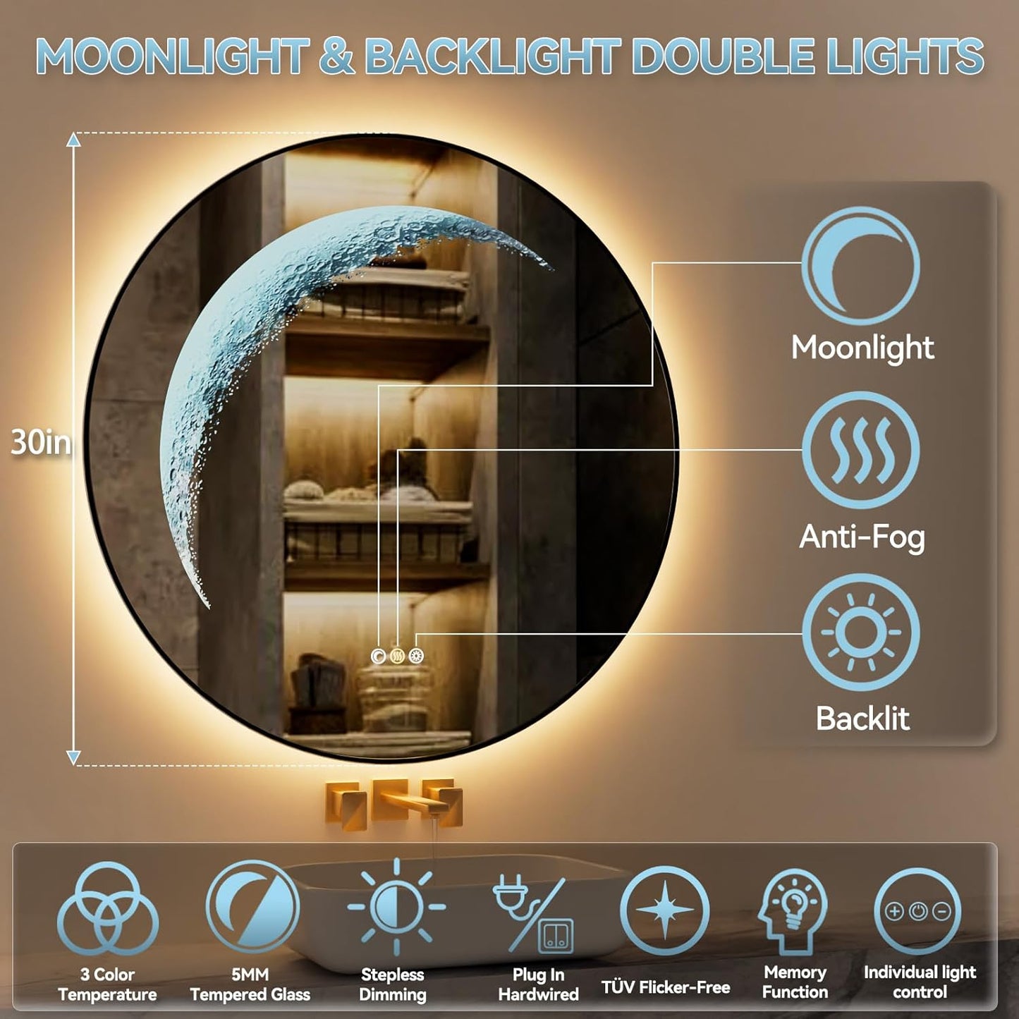 Callsky 30" Moonlight LED Bathroom Mirror with Lights Backlit, Anti-Fog Round Smart Lighted Mirror with 3Color Stepless Dimmable with Shatterproof AUTO-Memory, for Bathroom, Vanity, Wall, Makeup (UL ETL