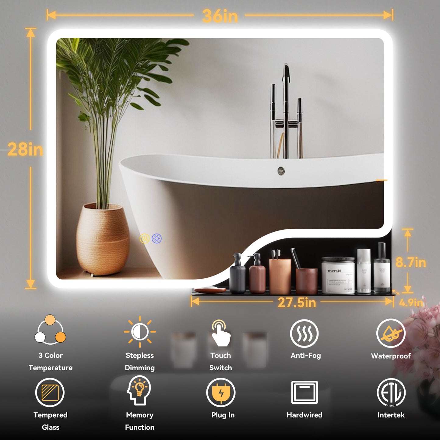 Callsky 36"x 28" LED Bathroom Mirror with Shelf, Wall-Mounted Backlit Vanity Mirror with Lights, Smart Bathroom Mirror with 3 Colors, Anti-Fog, Stepless Dimmable, Memory (UL, ETL)