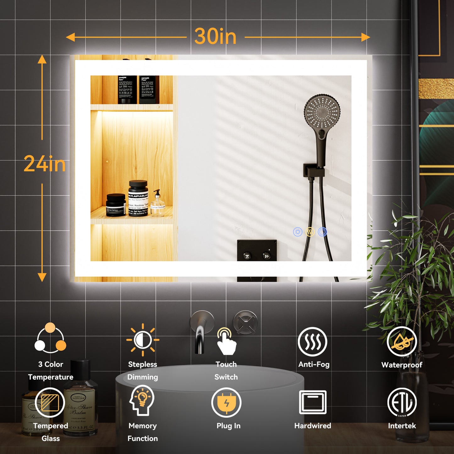 Callsky 24"x 30" LED Mirror for Bathroom, Front and Backlit Controlled Separately LED Vanity Mirror with Lights, Lighted Mirrors for Bathroom Wall, Tempered Glass, Stepless Dimmable, Anti Fog, Memory(UL ETL)
