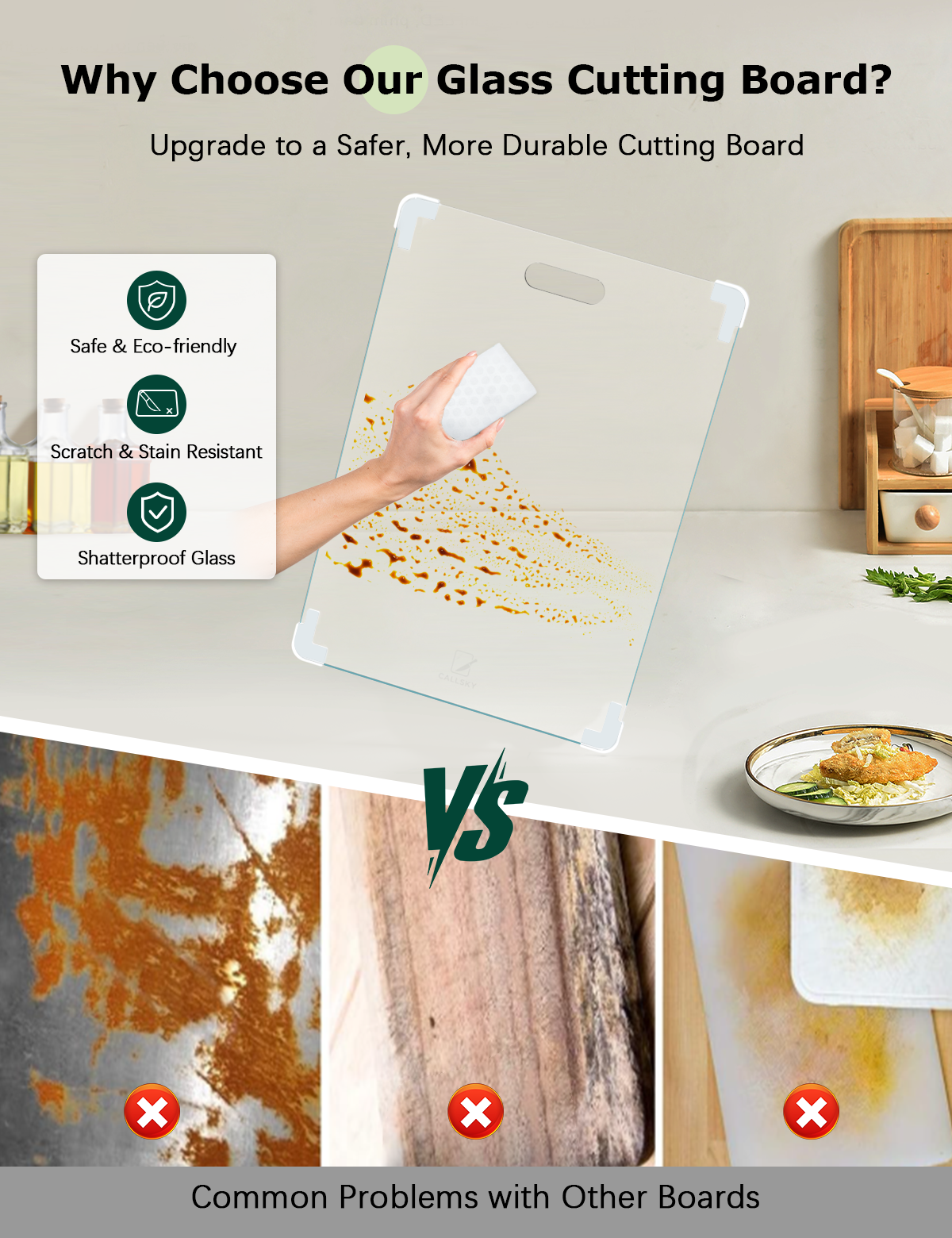 Callsky Glass Cutting Board,16"x12" Non Toxic Tempered Glass Cutting Board for Kitchen with Non-Slip Feet, Dishwasher Safe, Large Chopping Board for Kitchen, House Warming Gift - Transparent