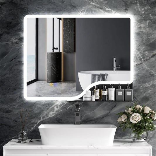 Callsky 36"x 28" LED Bathroom Mirror with Shelf, Wall-Mounted Backlit Vanity Mirror with Lights, Smart Bathroom Mirror with 3 Colors, Anti-Fog, Stepless Dimmable, Memory (UL, ETL)