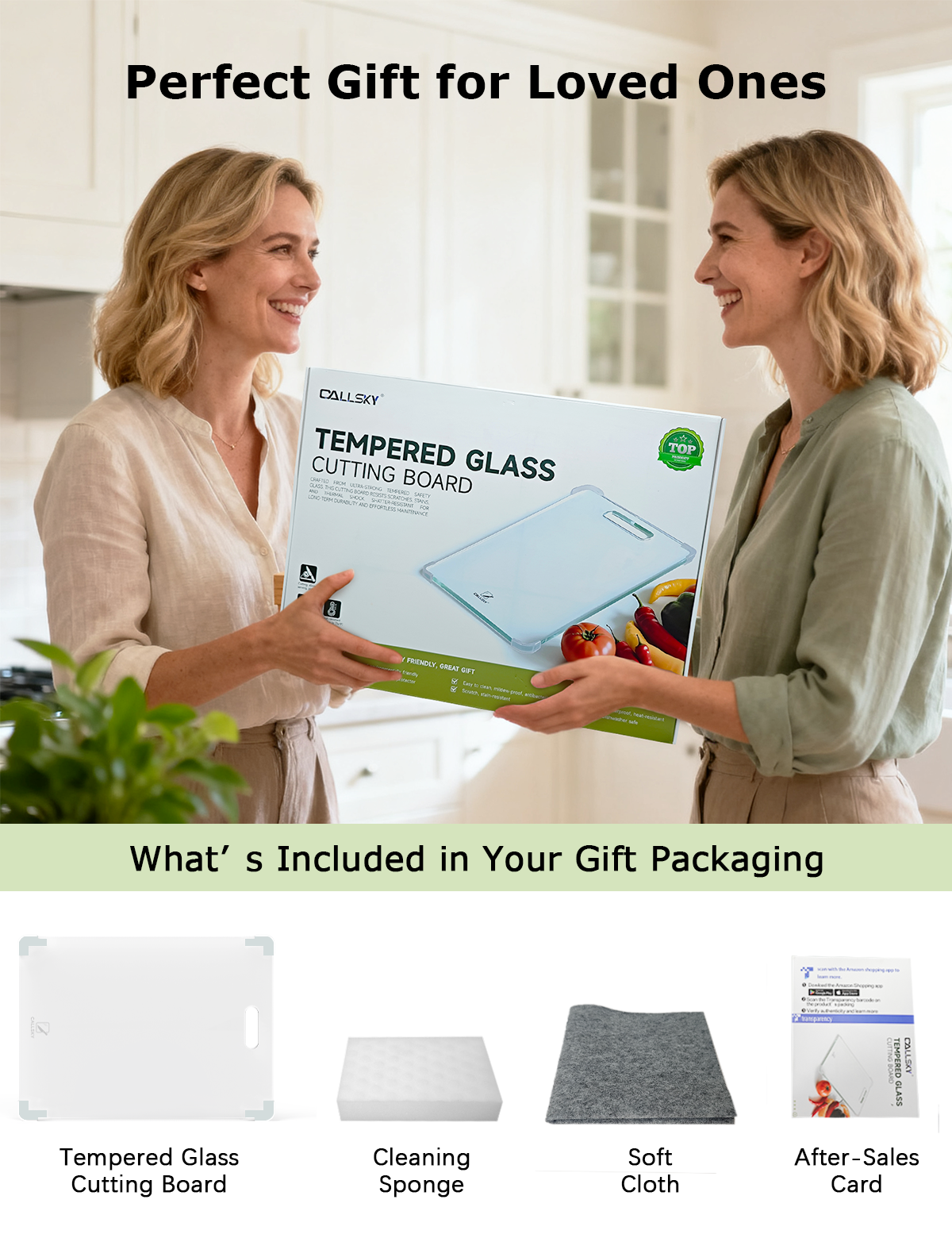 Callsky Glass Cutting Board,16"x12" Non Toxic Tempered Glass Cutting Board for Kitchen with Non-Slip Feet, Dishwasher Safe, Large Chopping Board for Kitchen, House Warming Gift - Transparent