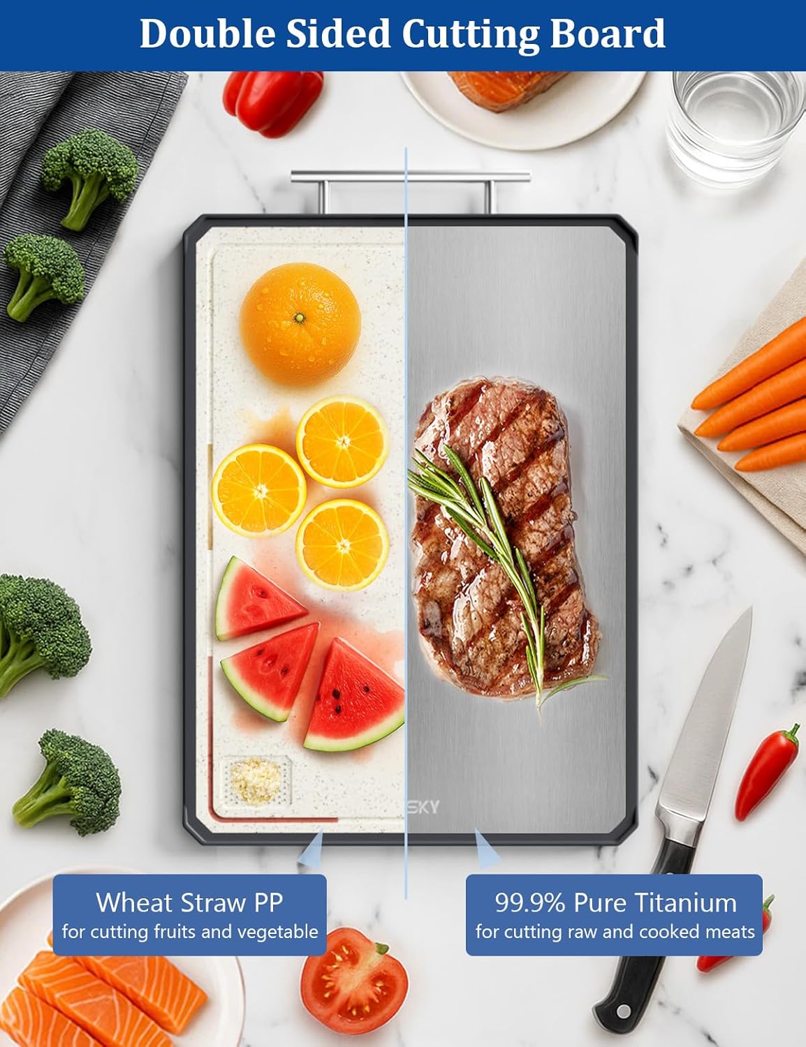 Titanium Cutting Board, Dual Sided Non-Toxic Cutting Boards, Food-Grade Metal and Plastic Chopping Board with Juice Groove for Kitchen Meat/Vegetables, Pure Titanium & Wheat Straw PP 16.3x11 in