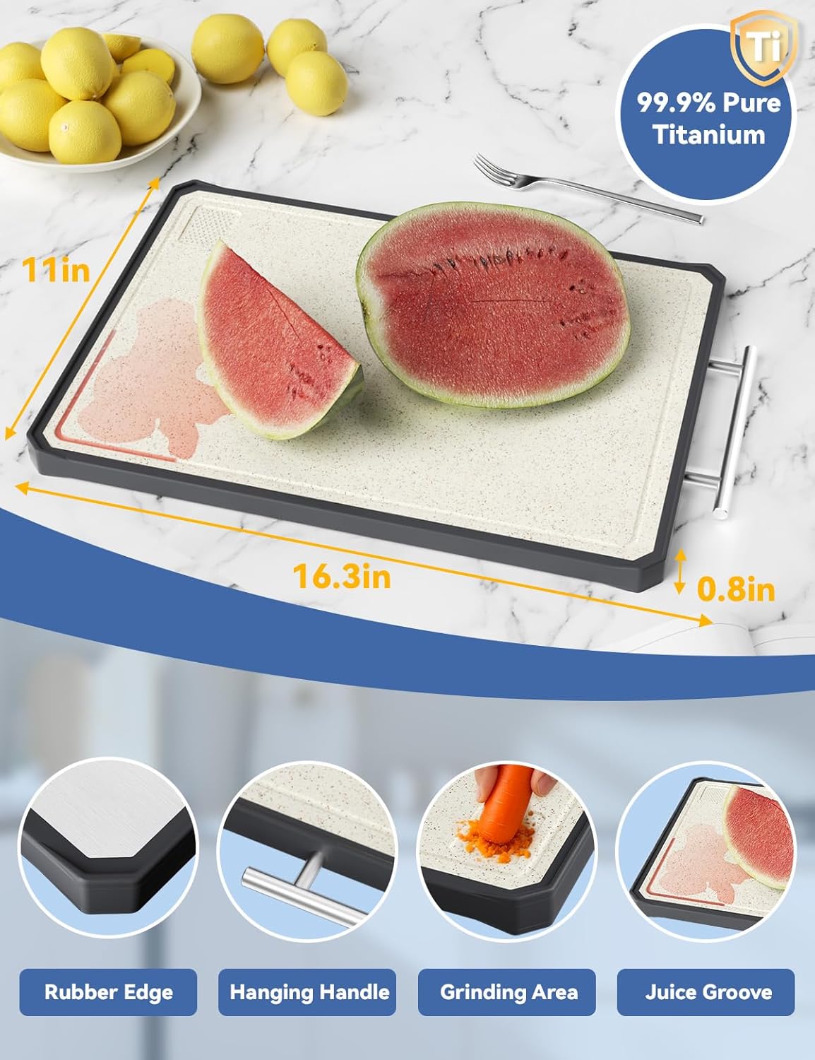 Titanium Cutting Board, Dual Sided Non-Toxic Cutting Boards, Food-Grade Metal and Plastic Chopping Board with Juice Groove for Kitchen Meat/Vegetables, Pure Titanium & Wheat Straw PP 16.3x11 in