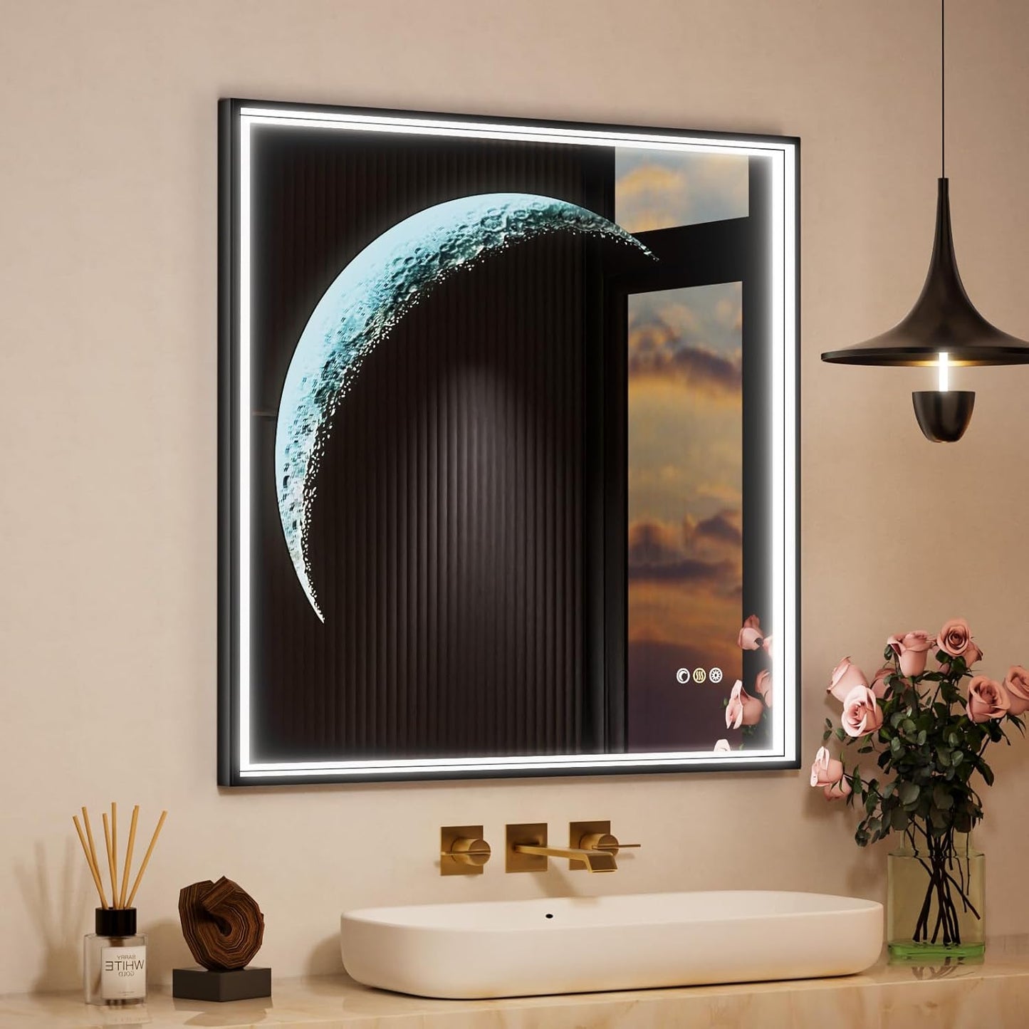 Callsky LED Bathroom Mirror with Lights, 32"X32" Crescent Anti-Fog LED Mirror for Wall, Stepless Dimmable 3Color Moon & Front Lighted Vanity Mirror, Shatterproof Smart Makeup Mirror with Auto-Memory UL ETL