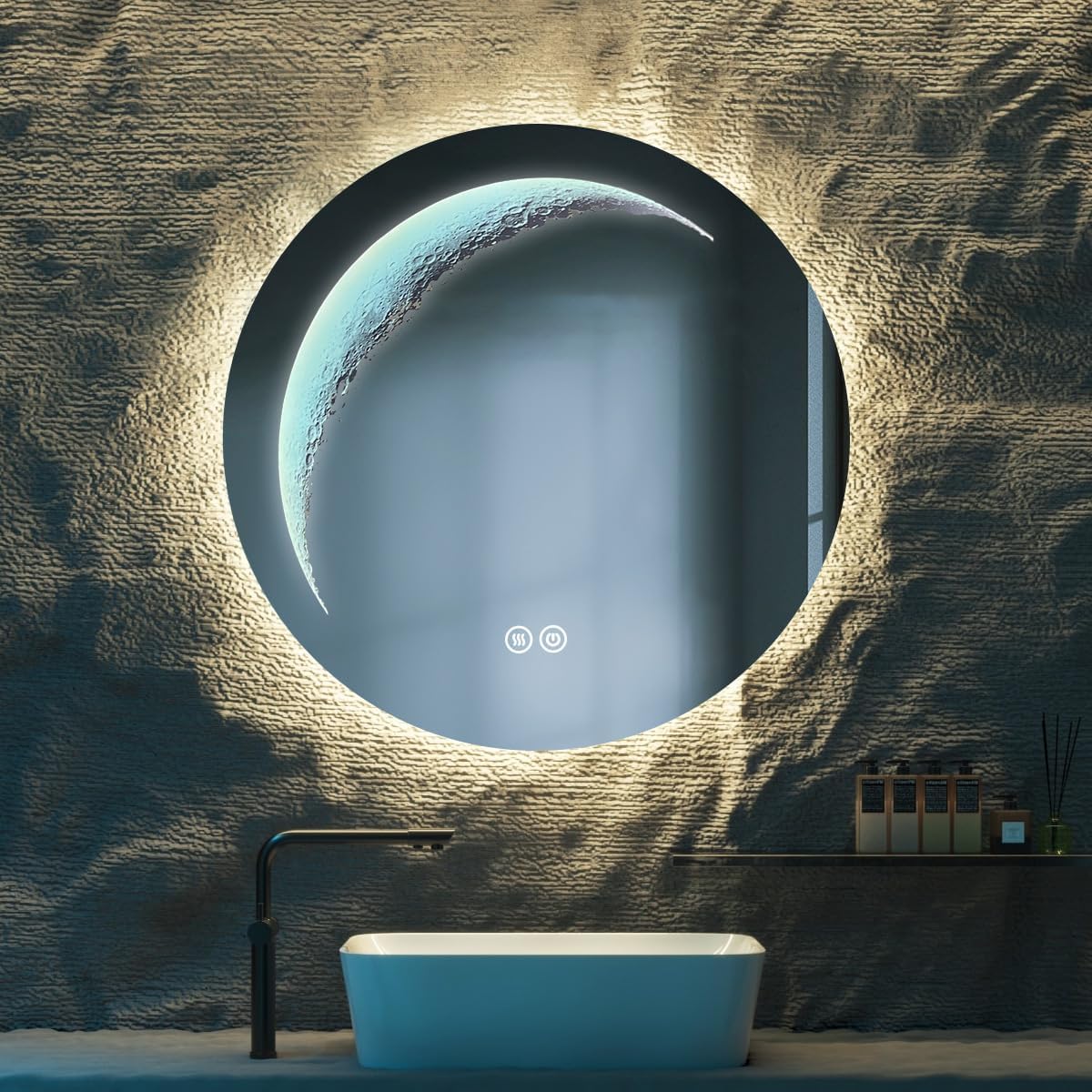 Callsky 28'' Round Bathroom Mirror with Light, Circle Mirror with Backlit & Half Moonlight, Anti-Fog, Tempered Glass, Dimming LED Vanity Mirrors for Oversink, Bedroom, Wall Decor, Entryway