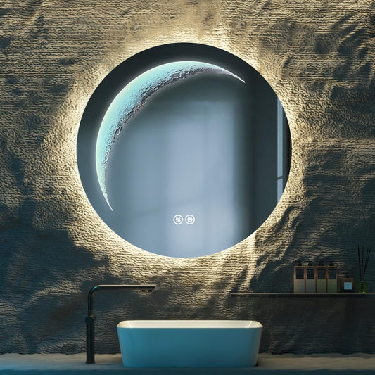 Callsky 28'' Round Bathroom Mirror with Light, Circle Mirror with Backlit & Half Moonlight, Anti-Fog, Tempered Glass, Dimming LED Vanity Mirrors for Oversink, Bedroom, Wall Decor, Entryway