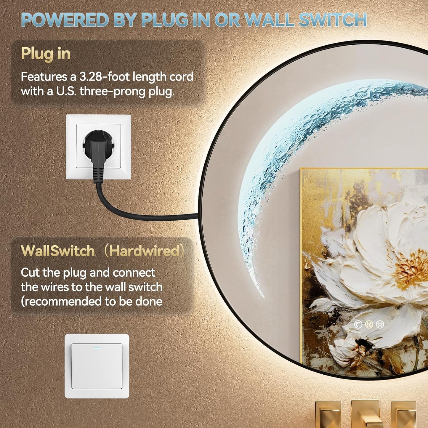 Callsky 30" Moonlight LED Bathroom Mirror with Lights Backlit, Anti-Fog Round Smart Lighted Mirror with 3Color Stepless Dimmable with Shatterproof AUTO-Memory, for Bathroom, Vanity, Wall, Makeup (UL ETL