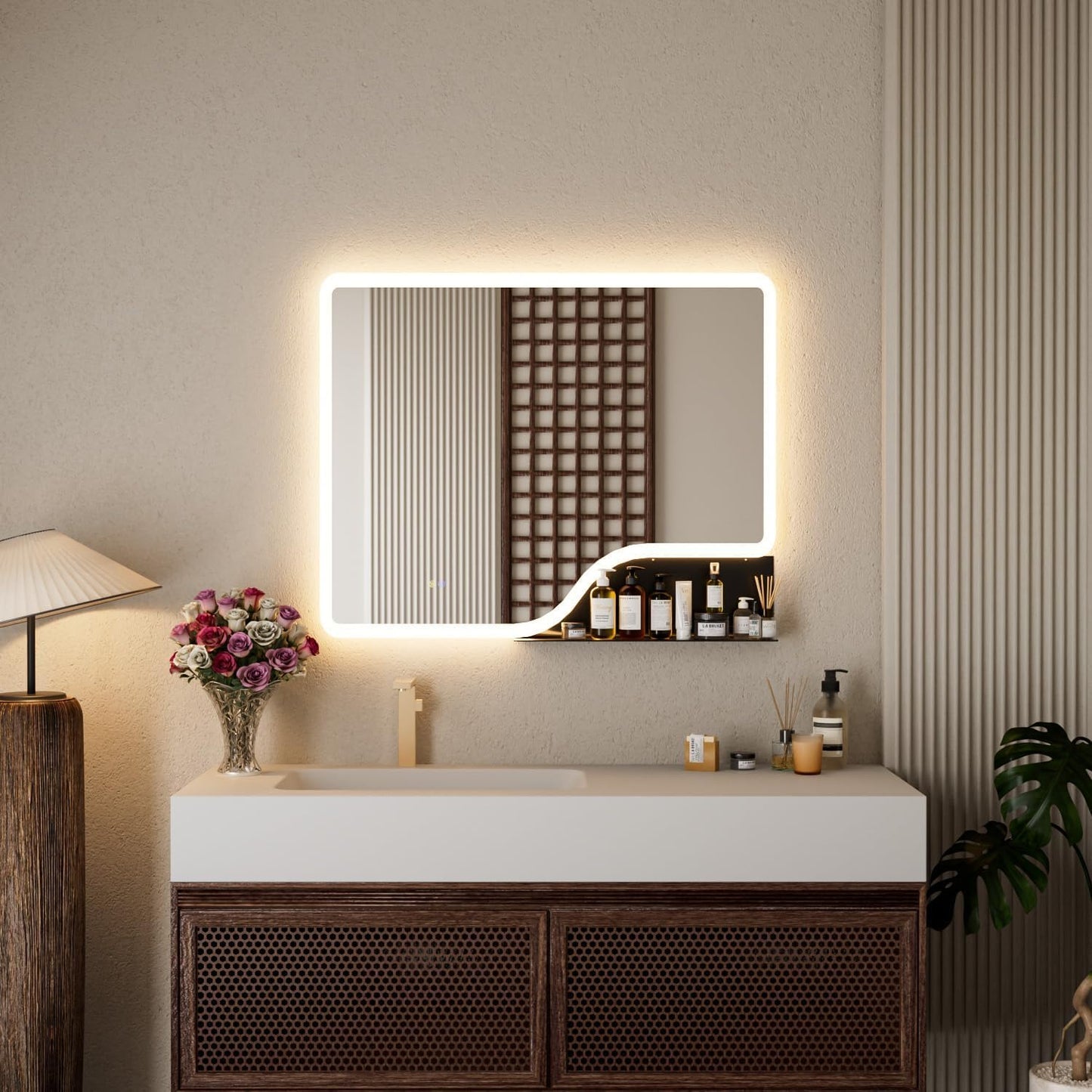 Callsky 40"x 32" LED Bathroom Mirror with Shelf, Wall-Mounted Backlit Vanity Mirror with Lights, Smart Bathroom Mirror with 3 Colors, Anti-Fog, Stepless Dimmable, Memory (UL, ETL)