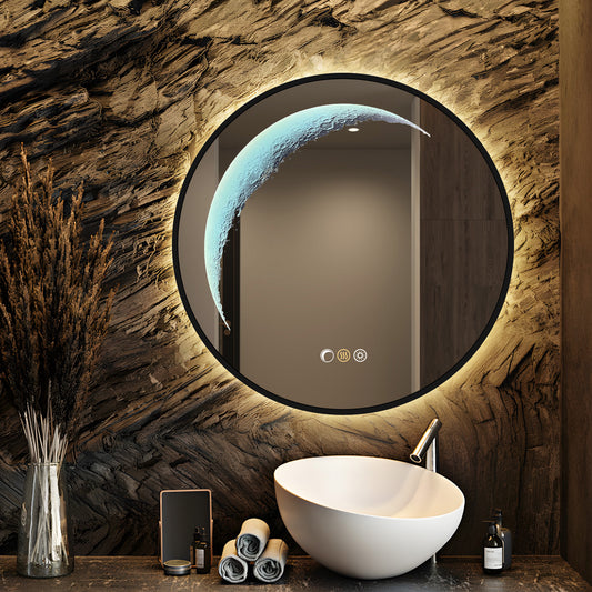 24'' Round Bathroom Mirror with Light, Black Circle Mirror with Backlit & Half Moon Light, Anti-Fog, Dimming Wall-Mounted LED Vanity Mirrors for Bathroom, Home Decor, Entryway
